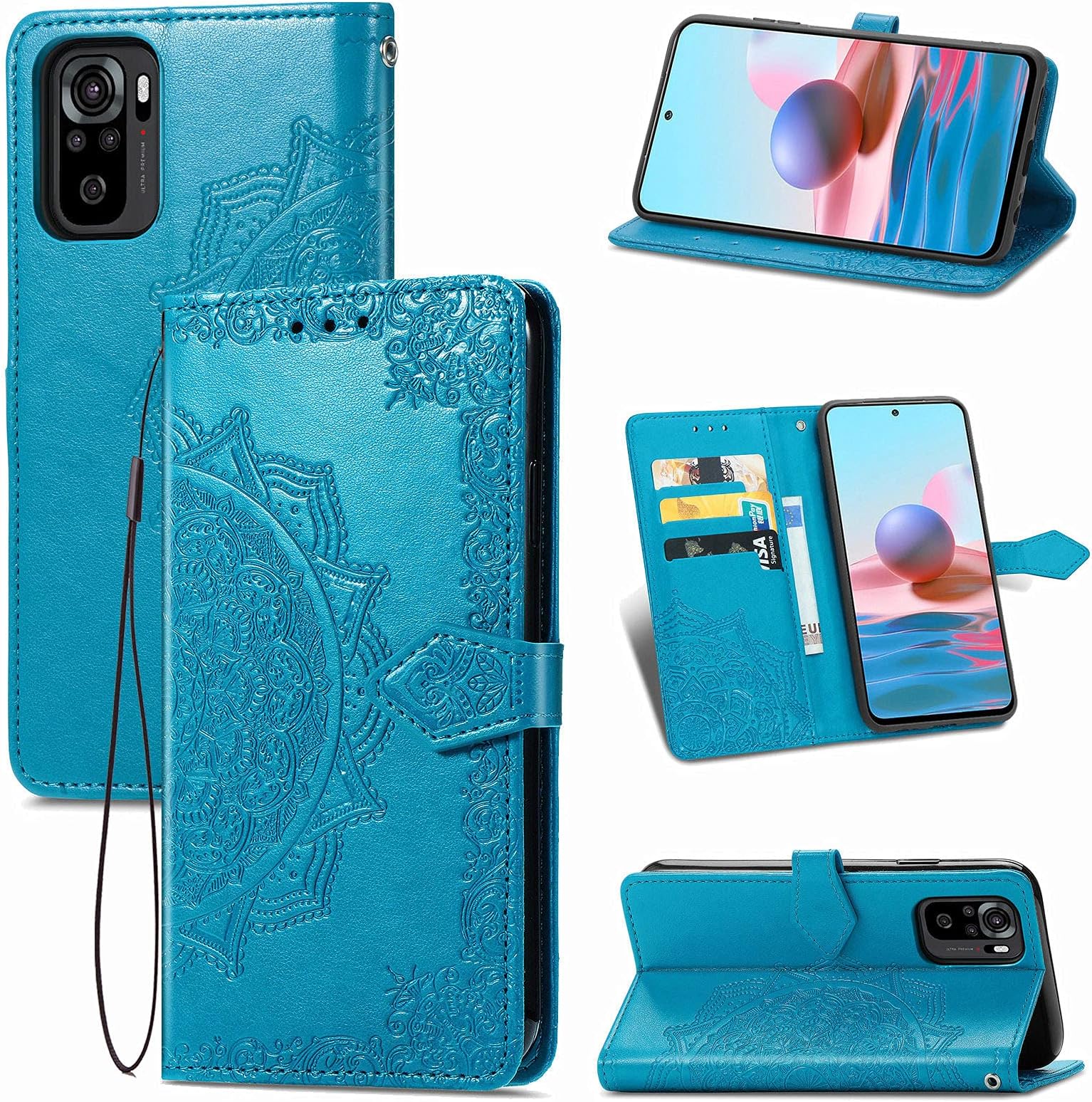Urspasol for Xiaomi Redmi Note 10/10s 4G Case Wallet Premium PU Leather Mandragora Folio Flip Stand Credit Card Slot Kickstand Magnetic Closure Cover Wrist Strap (Blue)