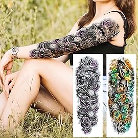 11 Sheets NEZAR Large Vine Peony Flower Rose Full Arm Temporary Tattoos For Women Realistic Skull Skeleton Fake Temporary Tattoo Sleeves Stickers Waterproof Leg Makeup Floral Blossom Tatoos Paper Eye