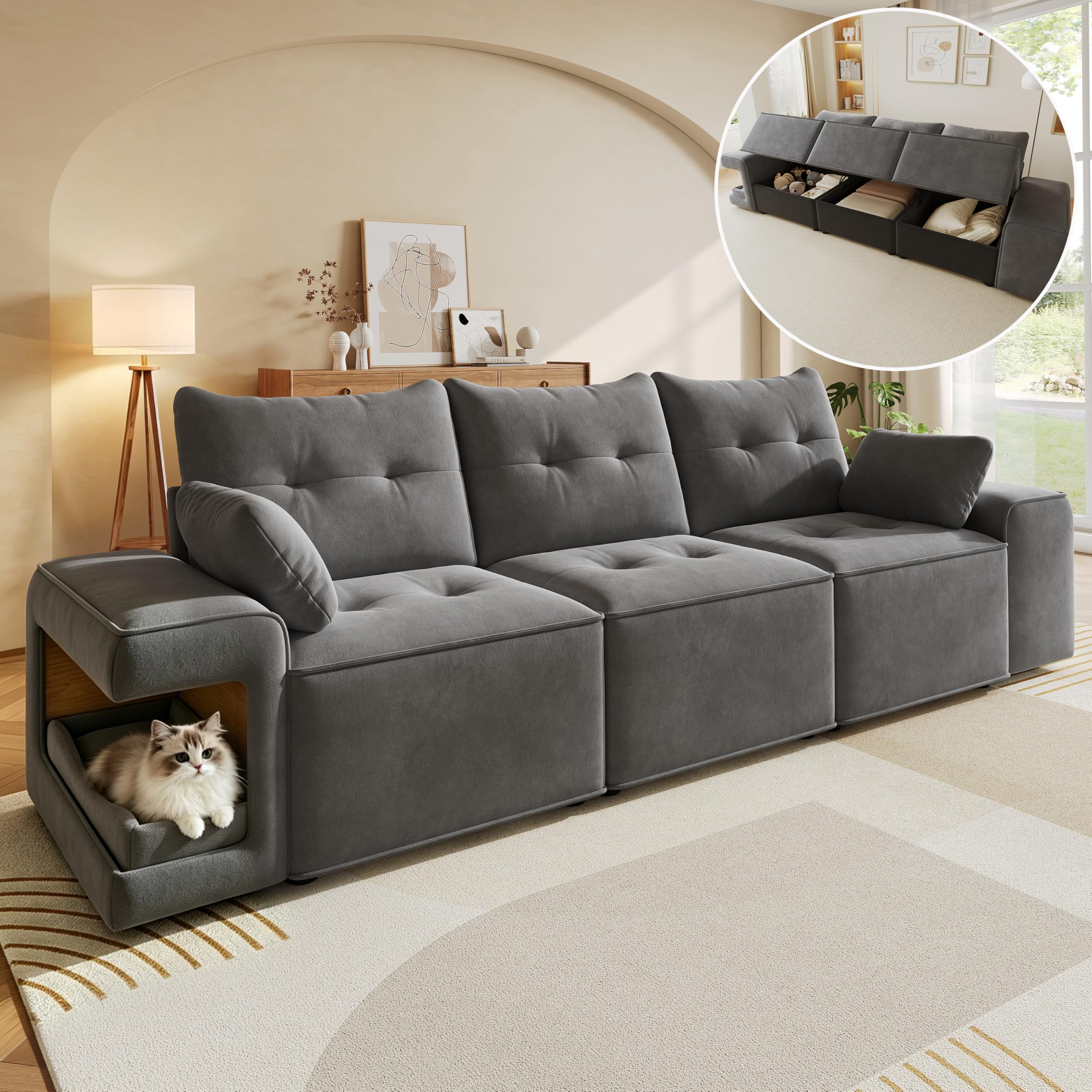 Merax 3-Sitzer Sofa Couch 230cm mit großem Stauraum, Samt Cloud Sofa mit Staufach & Breiten Armlehnen, integriertes Haustierbett & 2 Kissen,