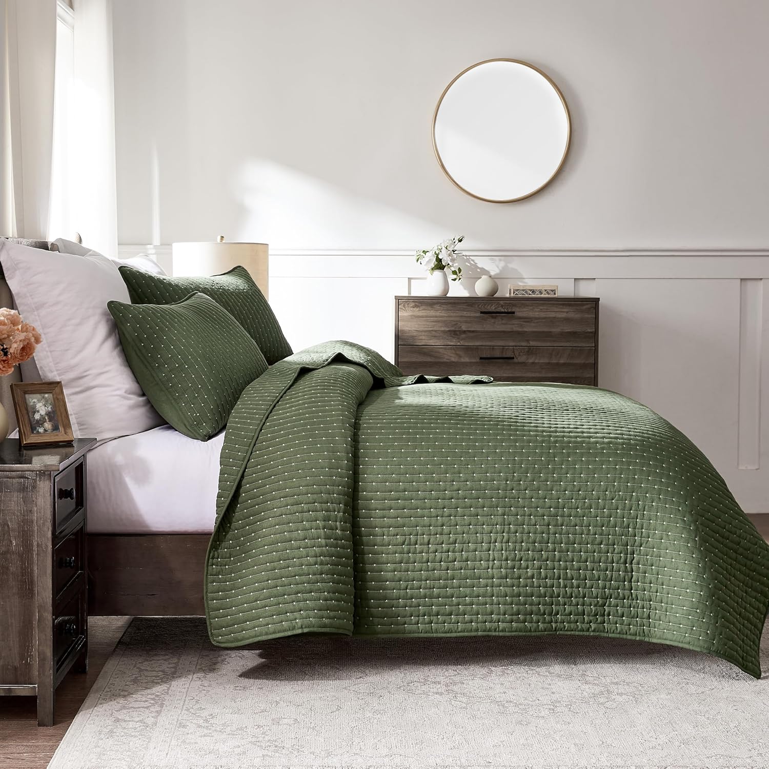 WDCOZY Olive Green Cross Stitch King Size Quilt Set, Striped Lightweight Soft Bedspread, Channel Farmhouse Rustic Coverlet, All Season Country Bedding, Thin Comforter - Image 6