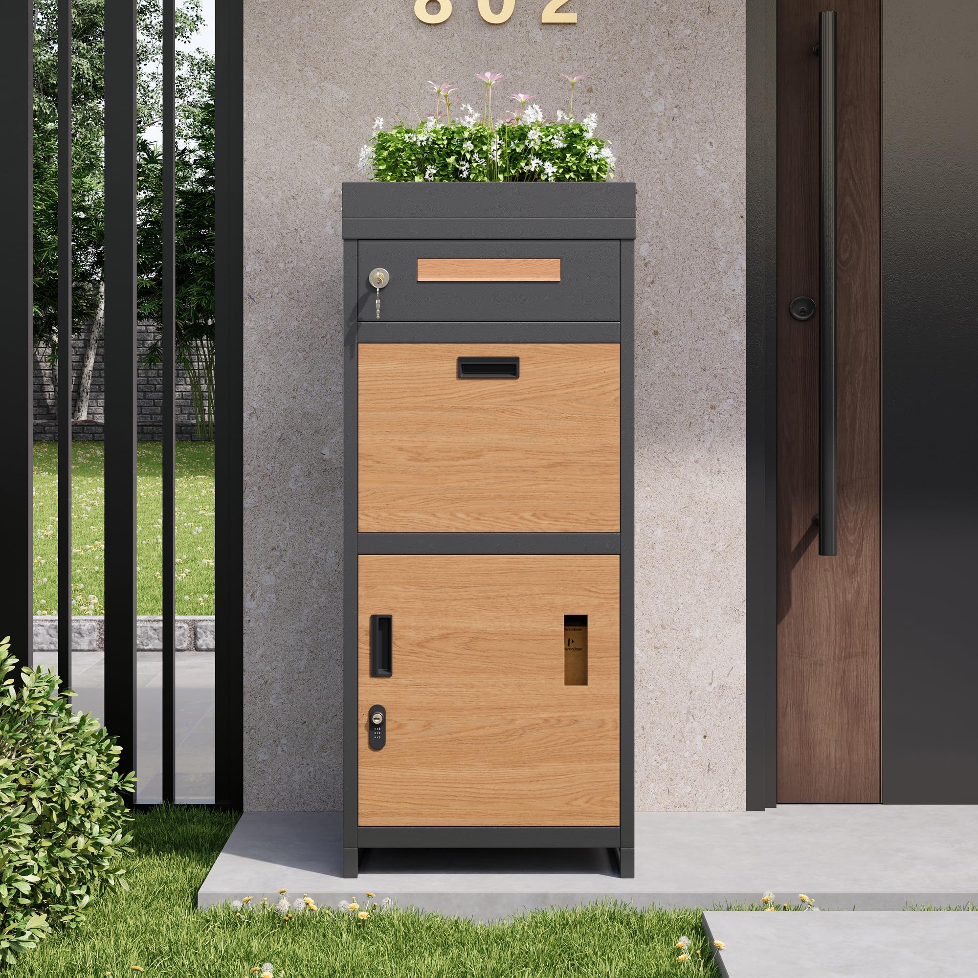 BTM Parcel Mailbox with a Combination Lock for Added Security, Outdoor Mailbox with Flower Bed, Lockable Parcel and Letter Storage Cabinet