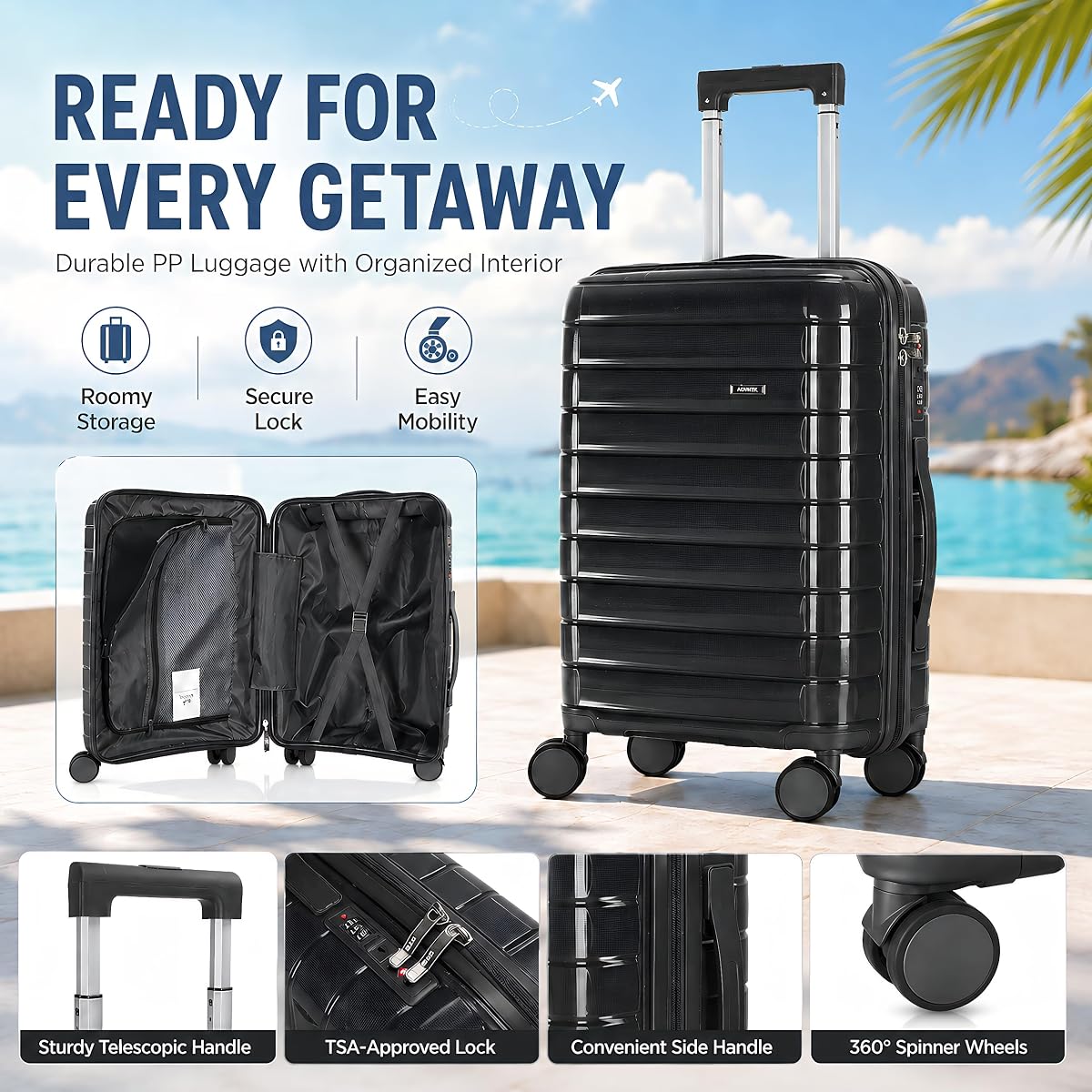 365 Carry-On Roller 40L, Lightweight TSA-Lock Luggage, Black view 3