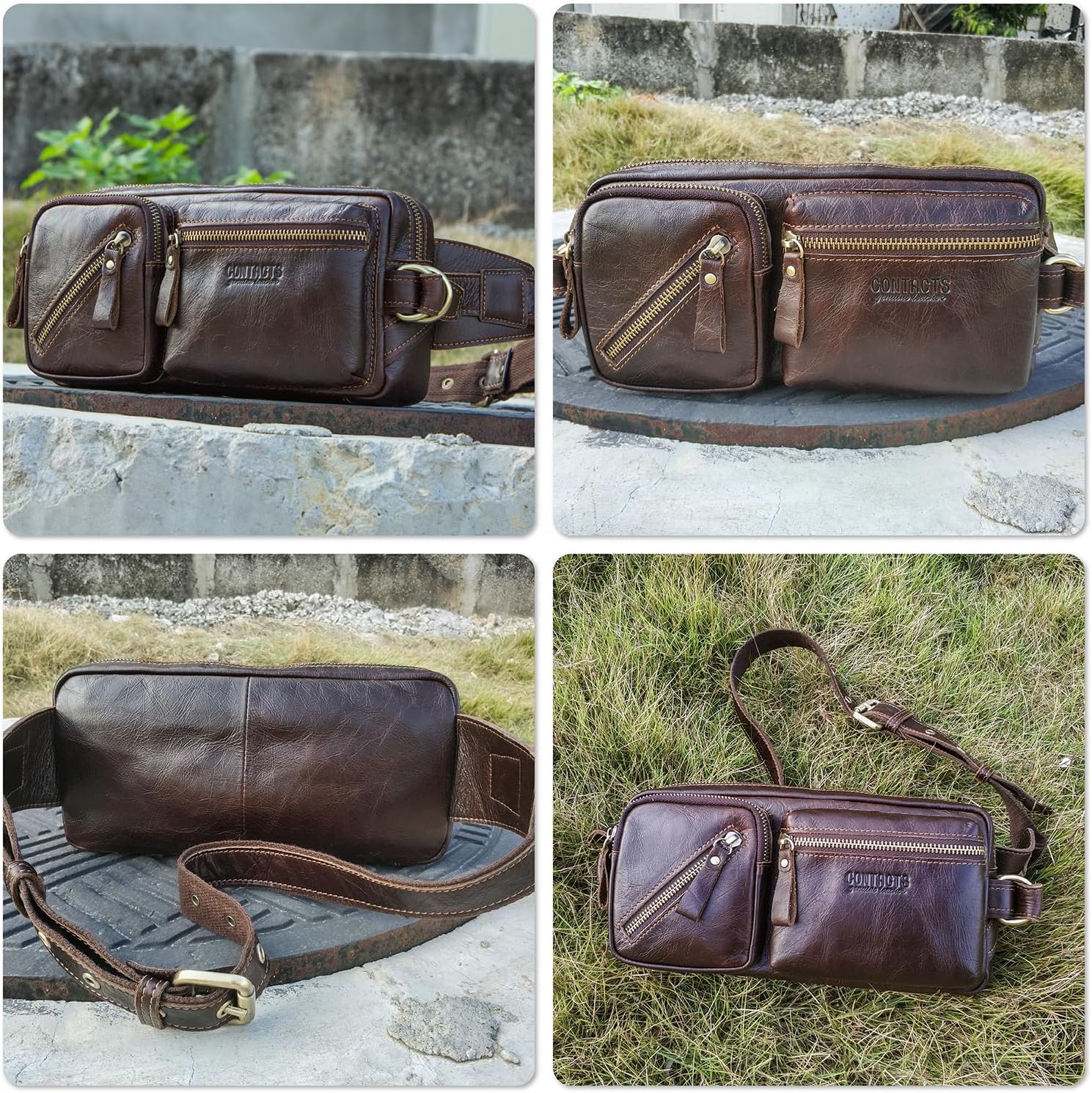 Top Grain Genuine Leather Slim Fanny Pack for Man & Woman, Vintage Design & 5 Zipper Pockets & Adjustable Strap, Handmade, Large Capacity Waist Pack Crossbody Belt Bag for Travel or Ride, Dark Coffee - Image 2