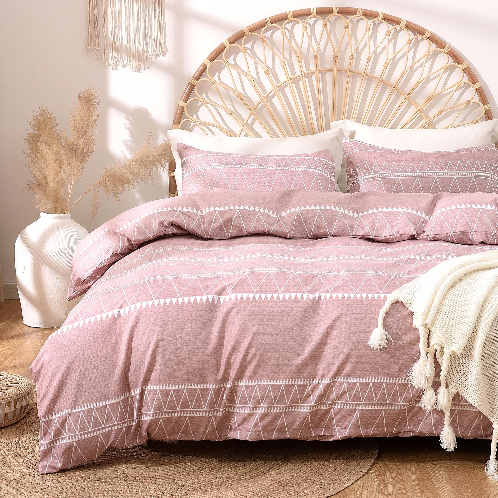 Lekesky Pink King Size Duvet Cover Sets 3 Piece Boho Stripe Print - Image 3
