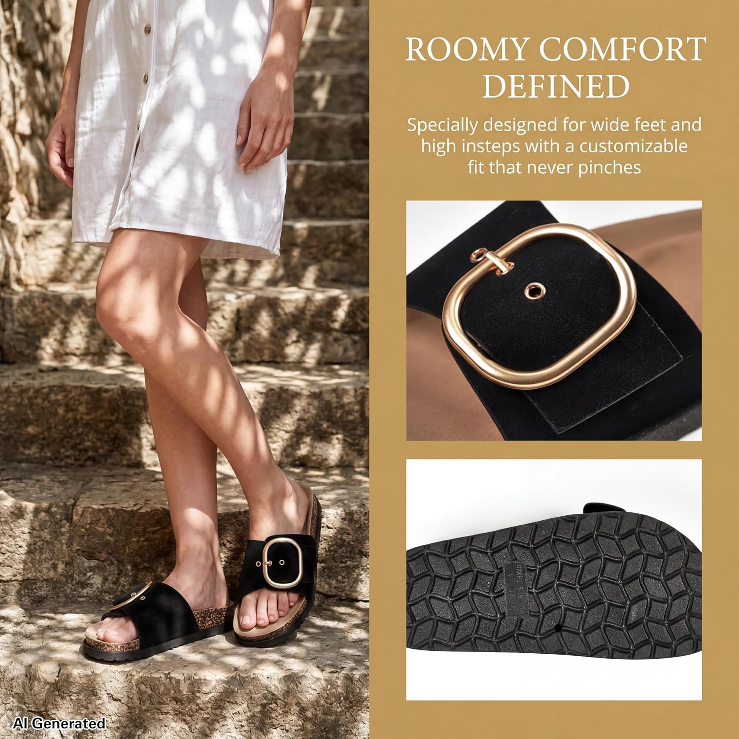 Women's Cork Sandals with Arch Support – Fashion Slides with Oversized Metal Buckle and Soft Microfiber Suede Upper – Comfortable Sandals for Wide Feet, High Instep, Swollen Feet