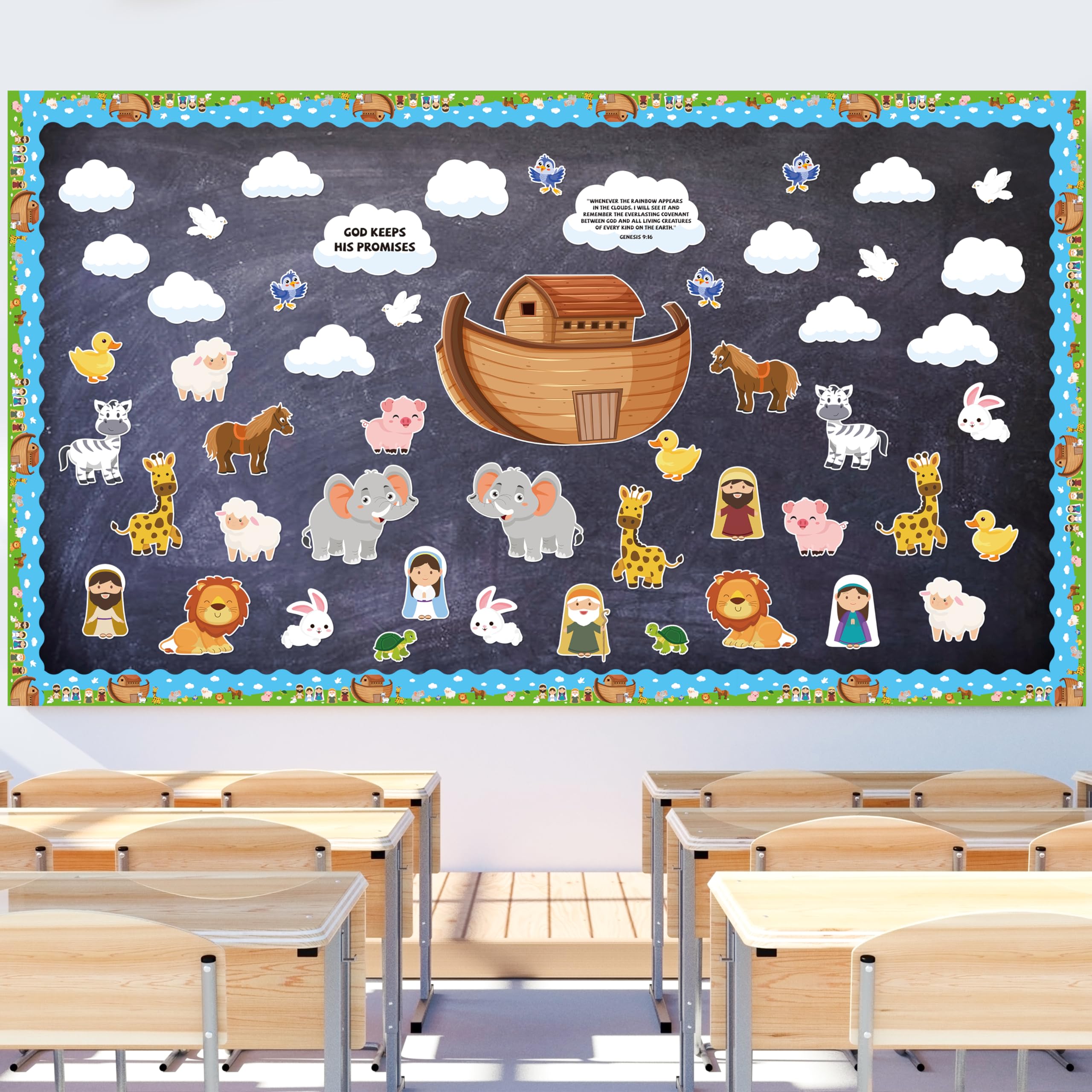 Amazon.co.jp: CPicdn ノアの箱舟掲示板 - 133ピース 新学期 宗教掲示板 教室装飾 キリスト教 聖書 物語 動物 切り抜き  名札 日曜学校 壁装飾 黒板用品 : Office Products