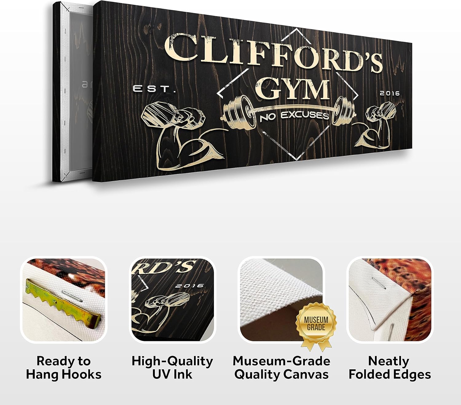 Tailored Canvases Personalized Gym Sign Wall Art Decor - Motivational Canvas for Home Gym, Workout Room, Garage, Fitness Center - Workout Inspirational Posters - Gym Name on Wooden Background, 36x12in