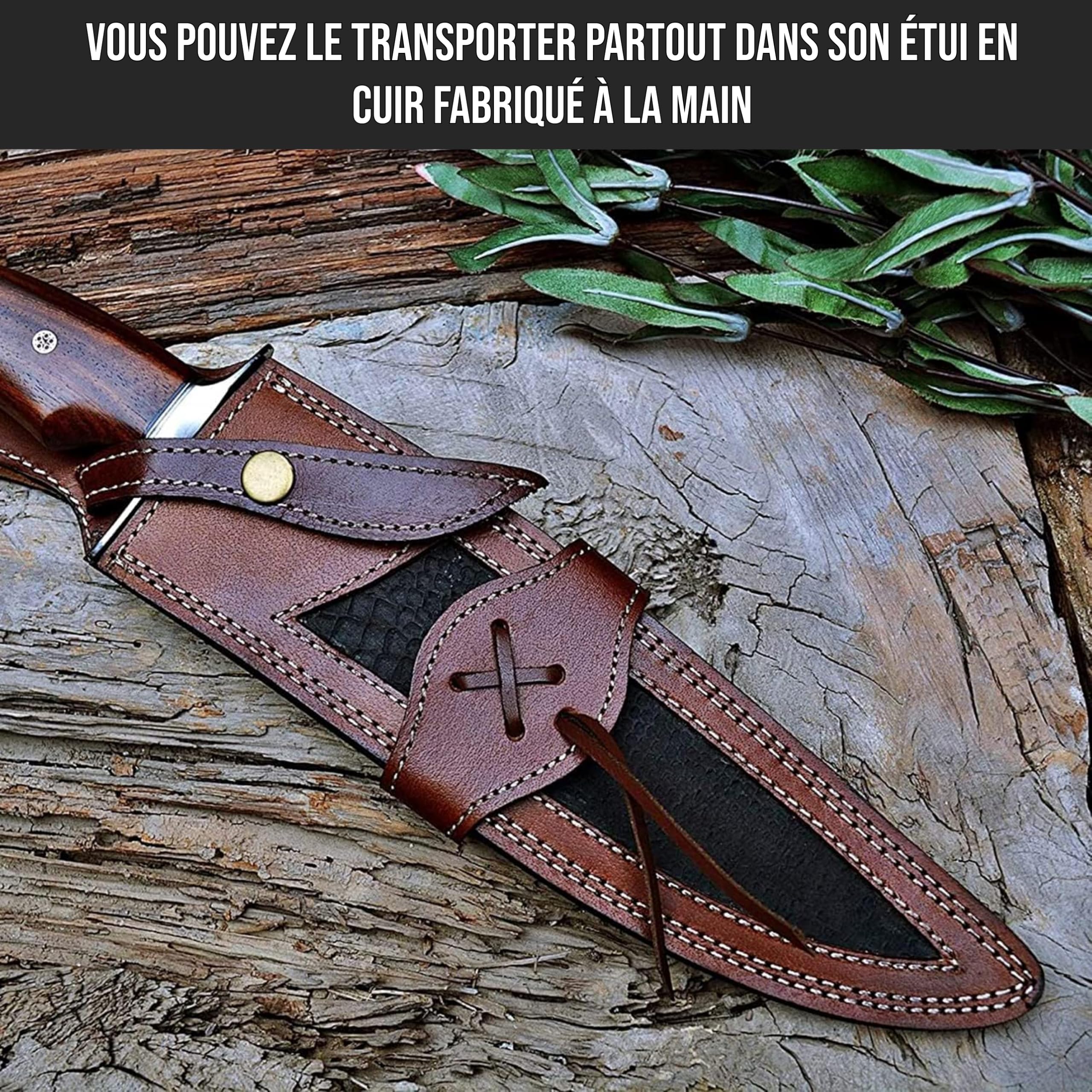 BIGCAT ROAR Screaming Eagle II - Long Couteau Artisanal en Acier Damas 38 cm - Manche Bois de Noyer et Étui Cuir - Couteau d’extérieur - Cadeau Aventurier ou Collectionneur - EDC