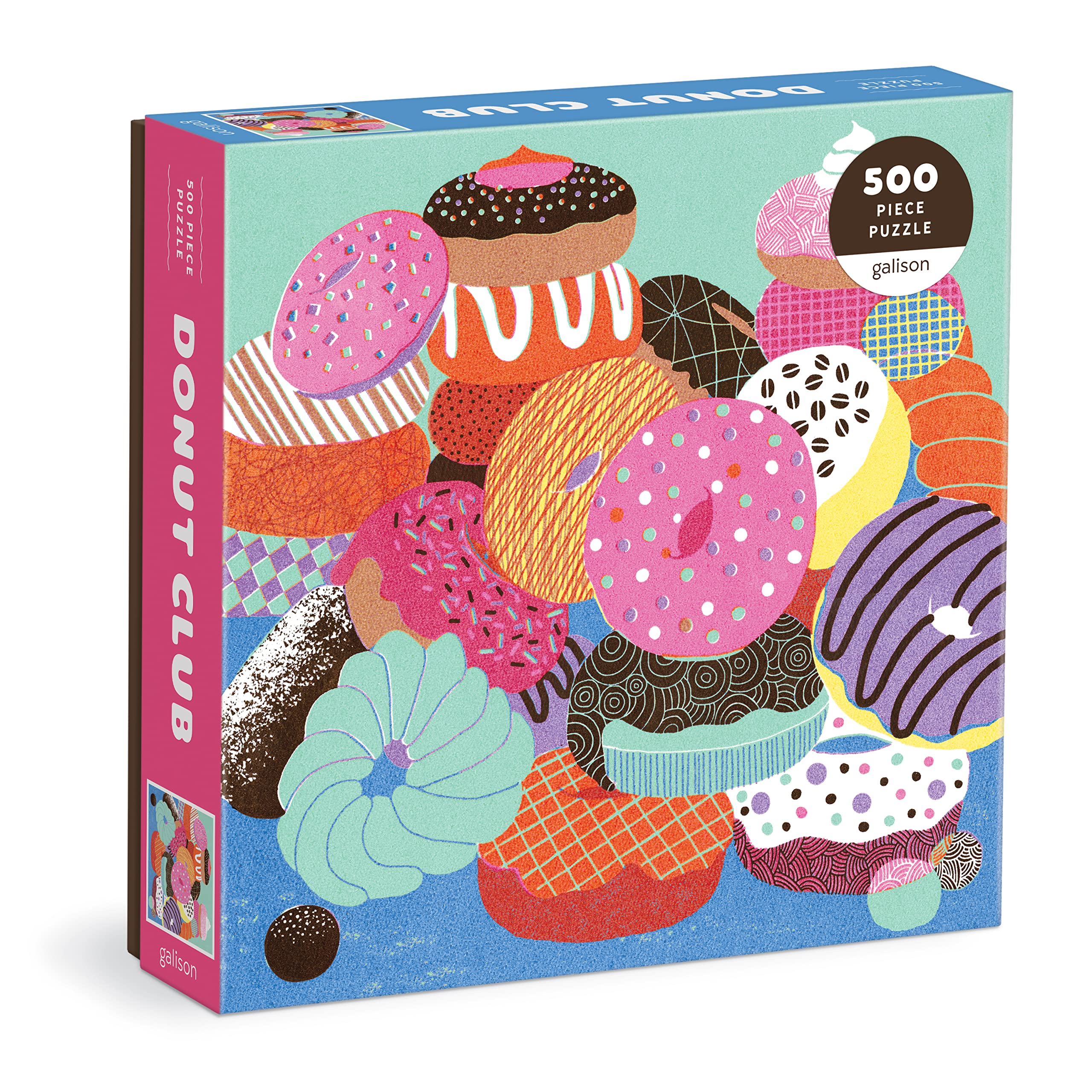 Donut Club 500 Piece Puzzle from Galison - Colorful and Bold 20" x 20" Illustrated Puzzle, Thick & Sturdy Pieces, Fun and Challenging Activity for Adults, Perfect for Anyone with a Sweet Tooth!