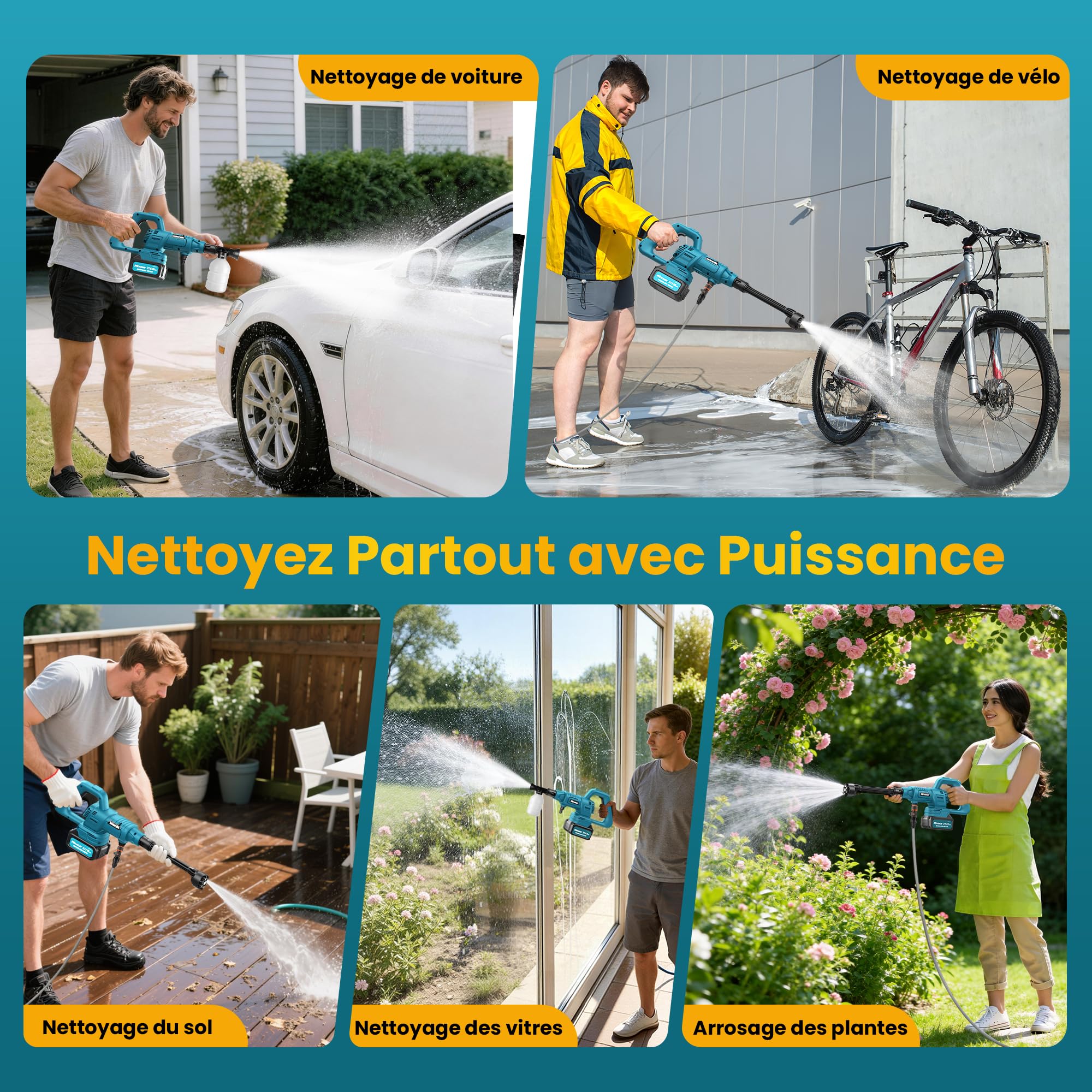 Nettoyeur Haute Pression sans Fil, Pistolet Nettoyeur Haute Pression Portable avec 2x4400mAh Batterie, Moteur sans Balais, 75 Bar, 7.5 L/Min, Buse Réglable 6 en 1, pour Voiture, Jardin, Terrasse
