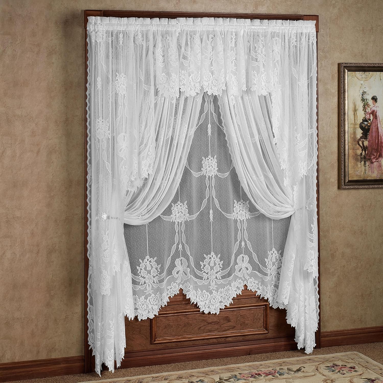 Romantic Garland Lace Window Treatments | Regal Gold | Hand-Cut Floral and Leaf Designs in Fine-Gauge Polyester Jacquard Lace | Drapery Set: Insert Valance, 63L Swag Pair, 1-63L Panel, & 2-84L Panels
