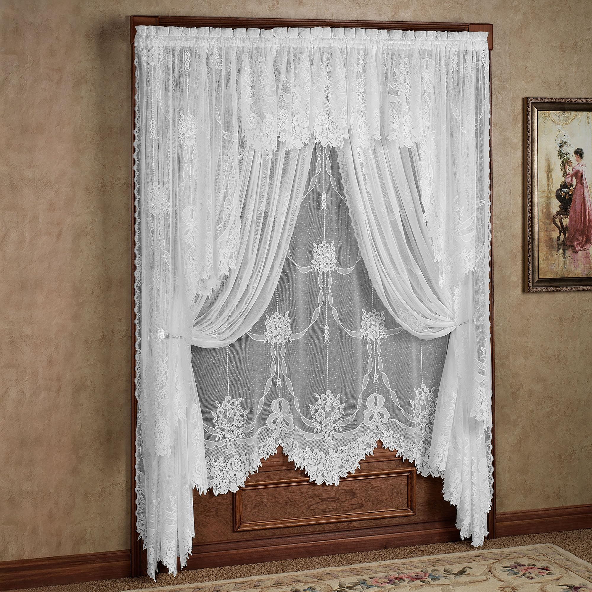 Romantic Garland Lace Window Treatments | Antique White | Hand-Cut Floral and Leaf Designs in Fine-Gauge Polyester Jacquard Lace | Drapery Set: Valance, 63L Swag Pair, 1-63L Panel, & 2-84L Panels