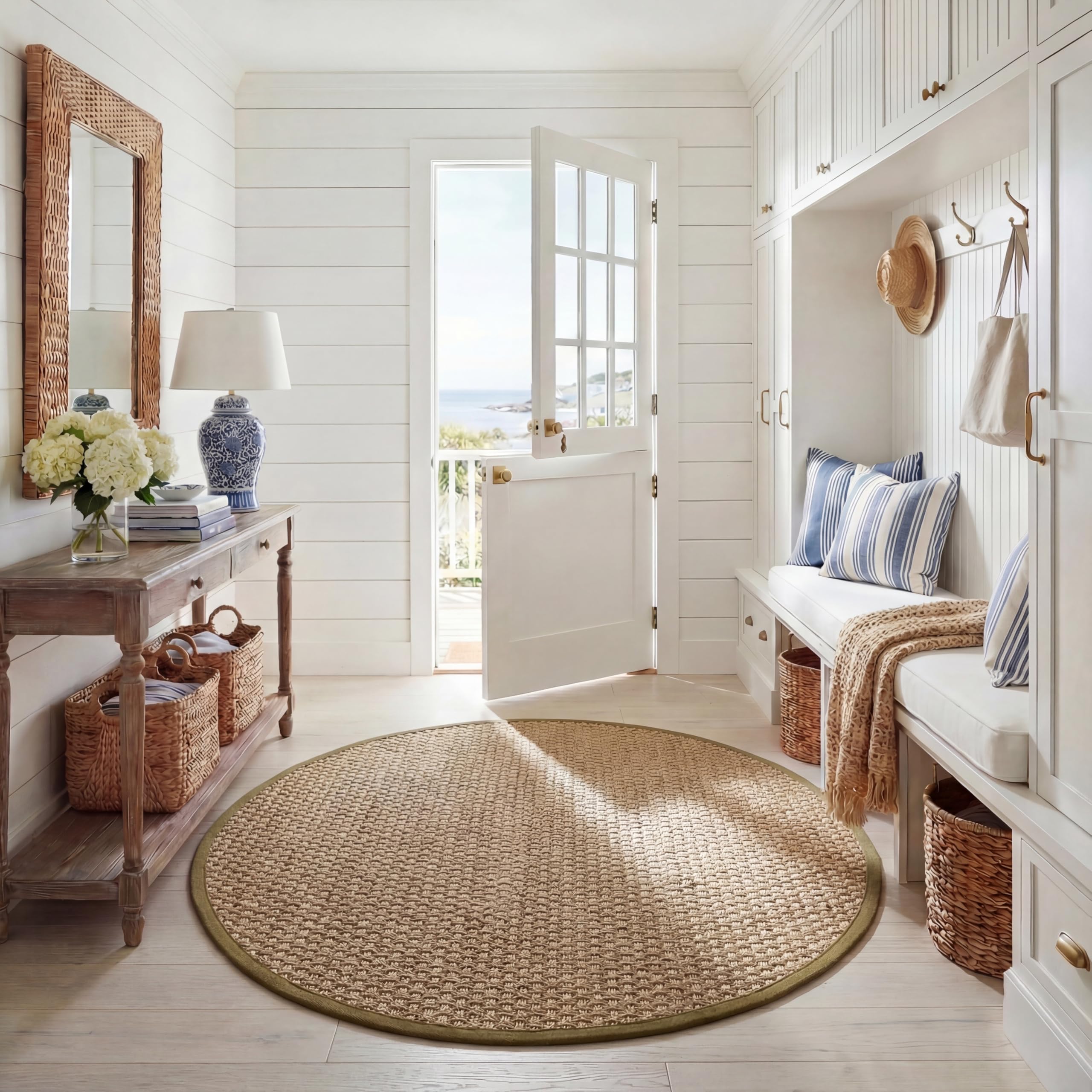 SAFAVIEH Natural Fiber Round Rug 6', Textured Natural & Olive NF114G