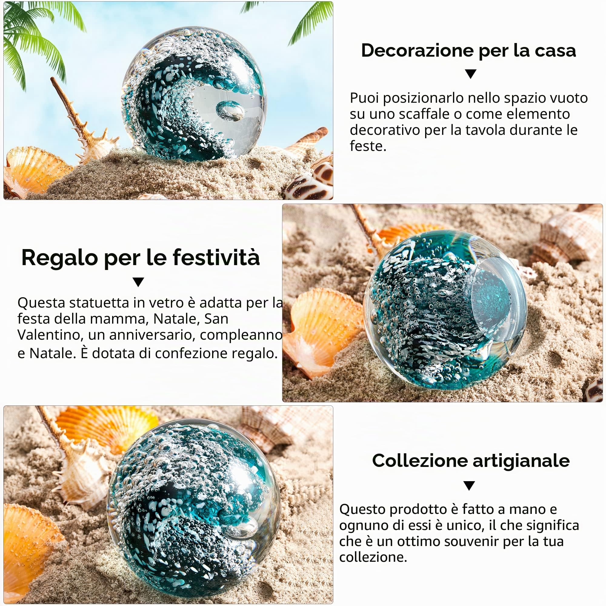 EUSTUMA Statuetta in vetro soffiato a mano con onde oceaniche, fermacarte decorativo per la casa e l'ufficio, decorazione per acquario, turchese, per gli amanti