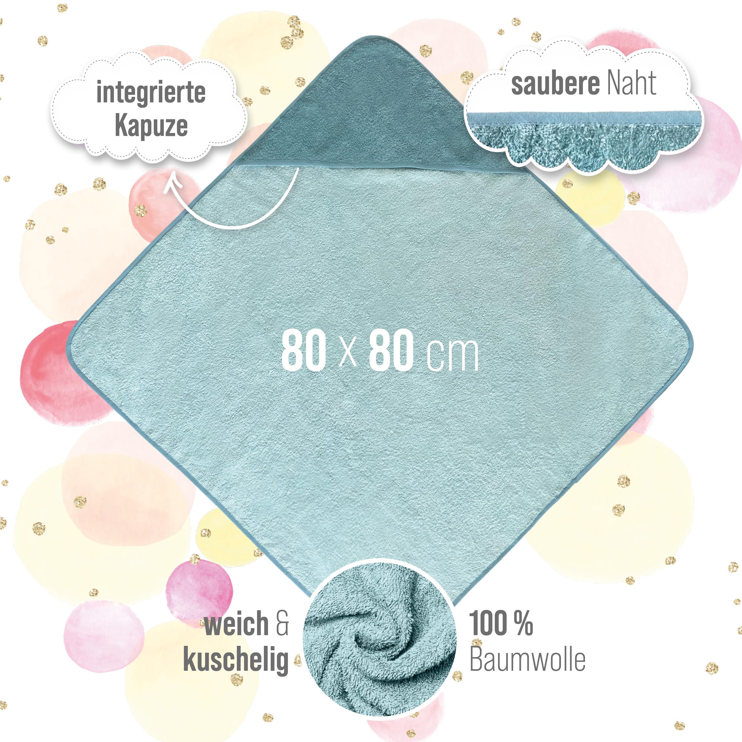 Asciugamano con cappuccio per neonato con nome ricamato, Oeko-TEX® Standard 100 - Asciugamano personalizzato per neonato con cappuccio in pura cotone con ricamo di nome e motivo (Menta, 80 x 80 cm)