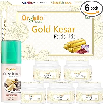 Orgello Herbal Gold Kesar Facial Kit combo Pack Offer with body lotion - Gold Kesar Facial Kit (5 x 50 g) + Cocoa Butter Face & Body Lotion (1 x 200 ml) for men women girls boys normal oily dry skin