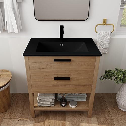 Miniatura 4 de SSLine Tocador de baño independiente con fregadero, moderno tocador de baño de 30 pulgadas con lavabo superior y cajones de almacenamiento, tocador