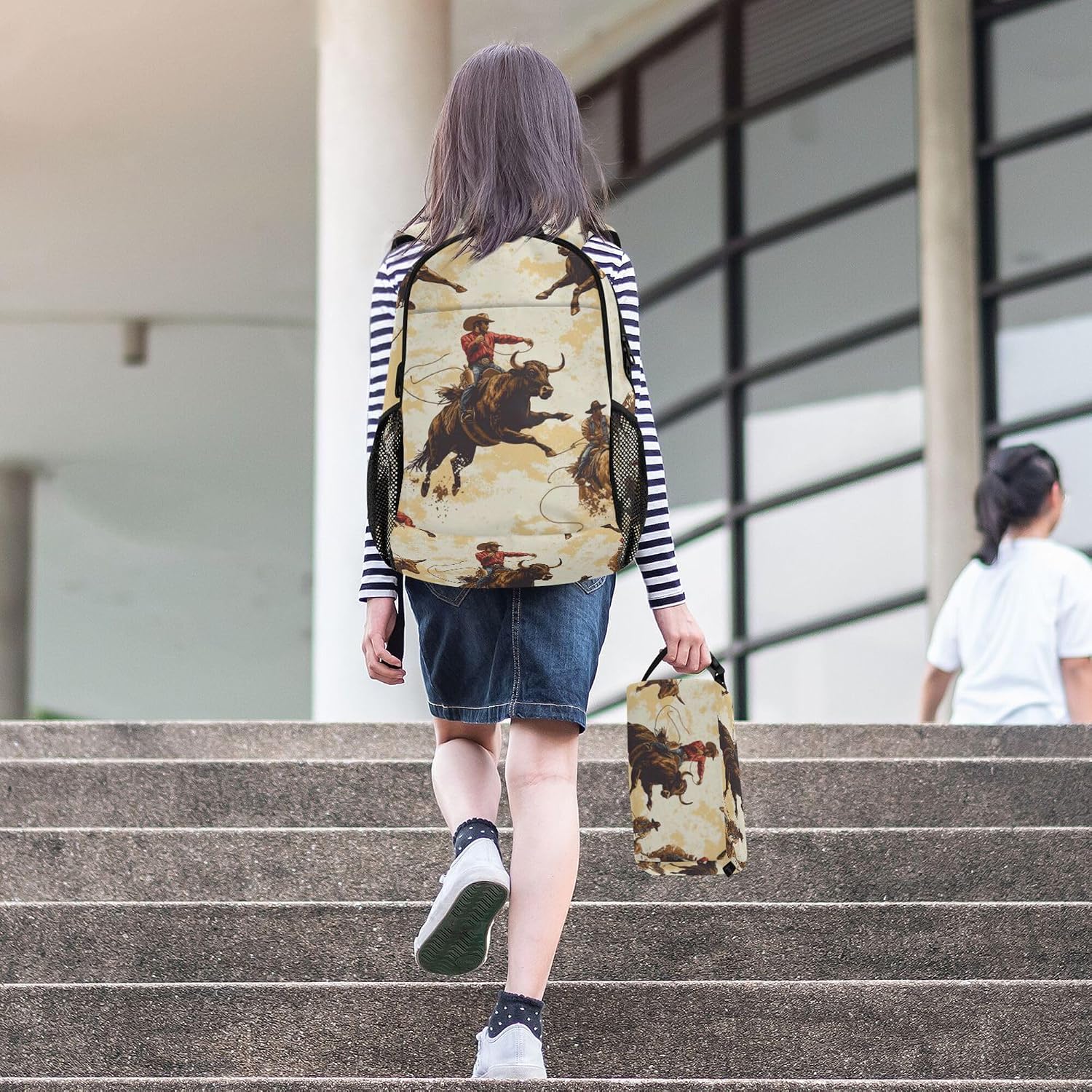 Cowboys Riding Bulls Backpack with Lunch Bag for Kids Boys Girls Travel School Backpack Set