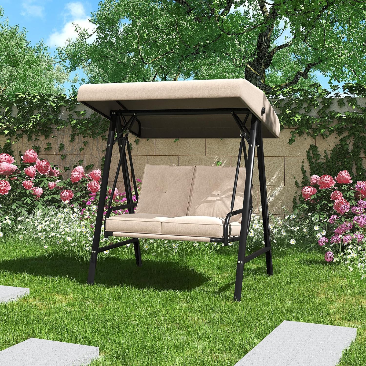 AECOJOY 2-Seat Outdoor Patio Swing Chair with Adjustable Canopy, Porch Swings Chairs for Adult, Outside Swing Bench with Removable Cushion, Suitable for Backyard, Garden, Yard, Poolside, Balcon,Beige