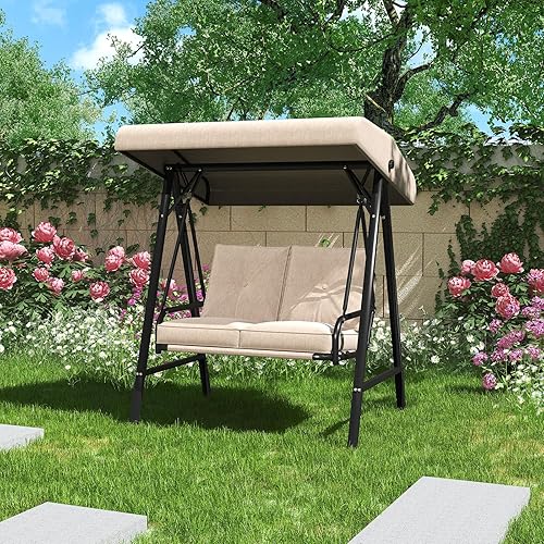 Miniatura 9 de AECOJOY Silla columpio de patio al aire libre de 2 asientos con toldo ajustable, sillas columpios de porche para adultos, banco columpio exterior