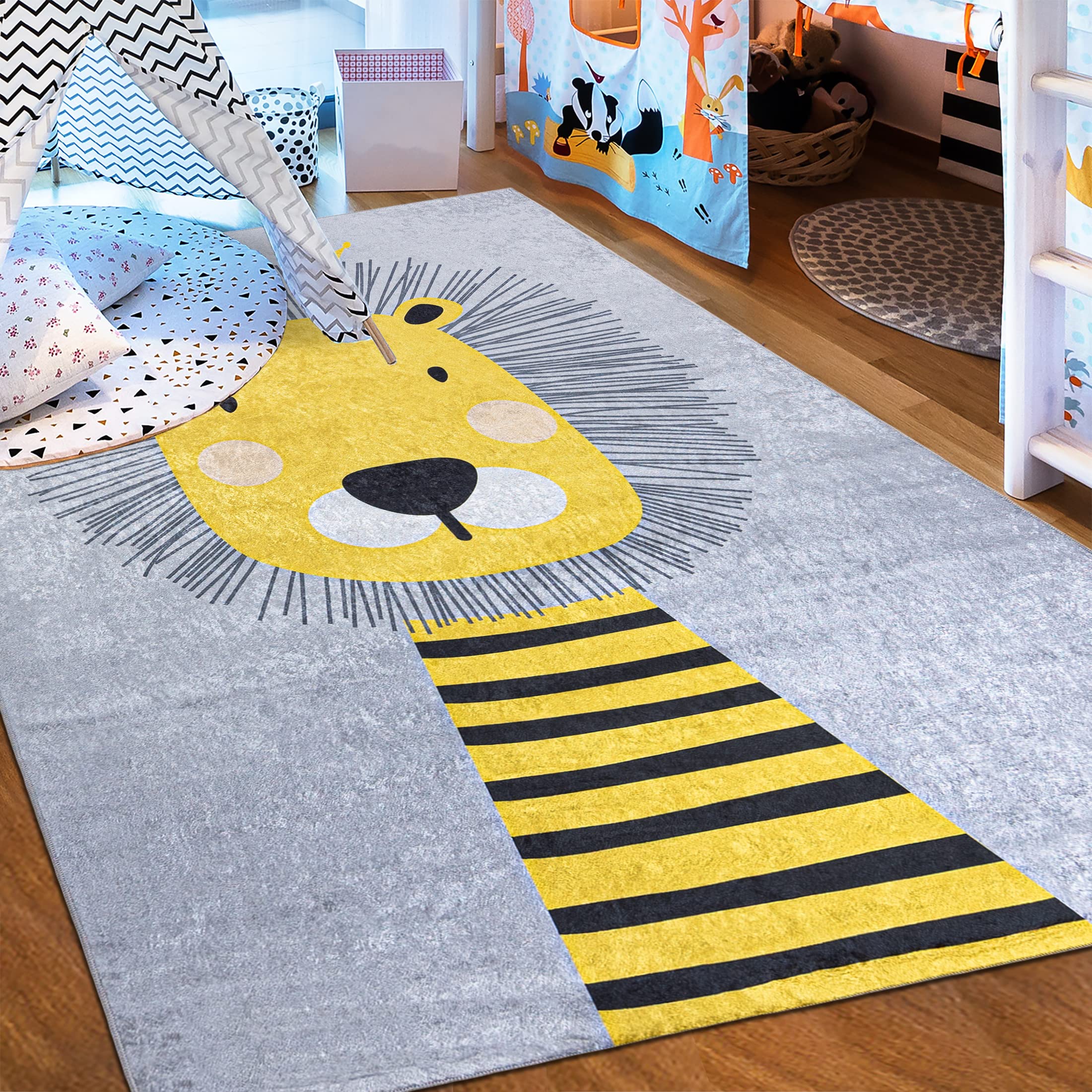 Mazovia Tappeto Salotto - Tapeto Stampato Pelo Corto - Morbido Tappeto Camera da Letto - Antiscivolo Tapeto EMMA - Tappeto Bambini Motivo Leone - Grigio Giallo 80x150cm