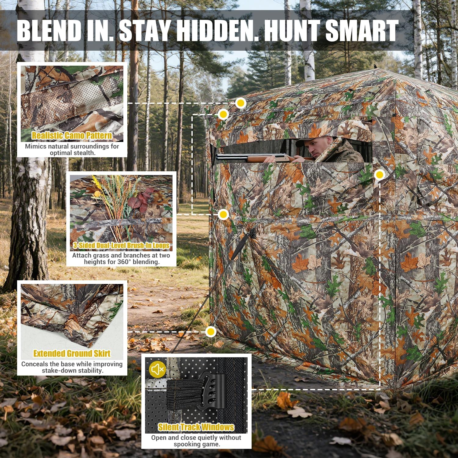 Hunting Blind with Magnetic Full Open Large Door & Silent Windows, 270°/360° See Through Pop Up Ground Blind for 2-3/3-4 Person, Tent for Deer Turkey Hunting, Waterproof, Portable, Carry Bag