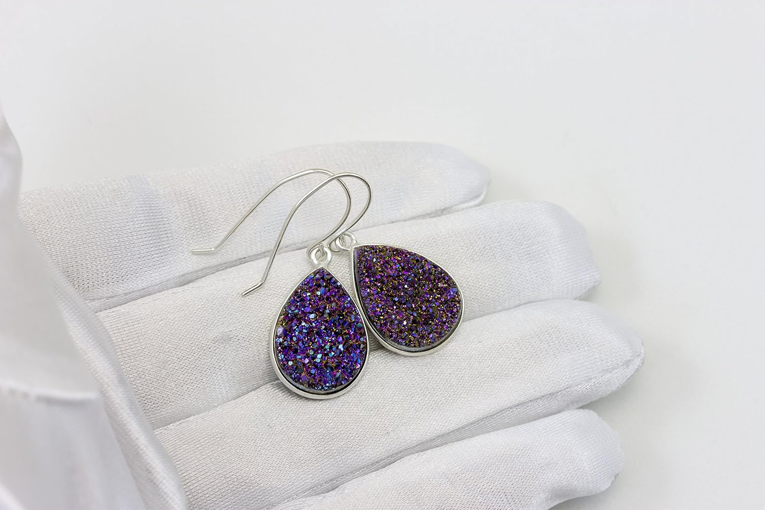 Sterling Silver Drusy Earrings Purple Druzy Large Teardrop Silvertone Bezel Set Simple Drops