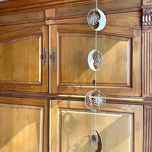 Miniatura 7 de Things2Die4 Cadena de lluvia de metal de 80 pulgadas con 6 discos celestiales de luna creciente y sol, acabado de bronce, alternativa decorativa con