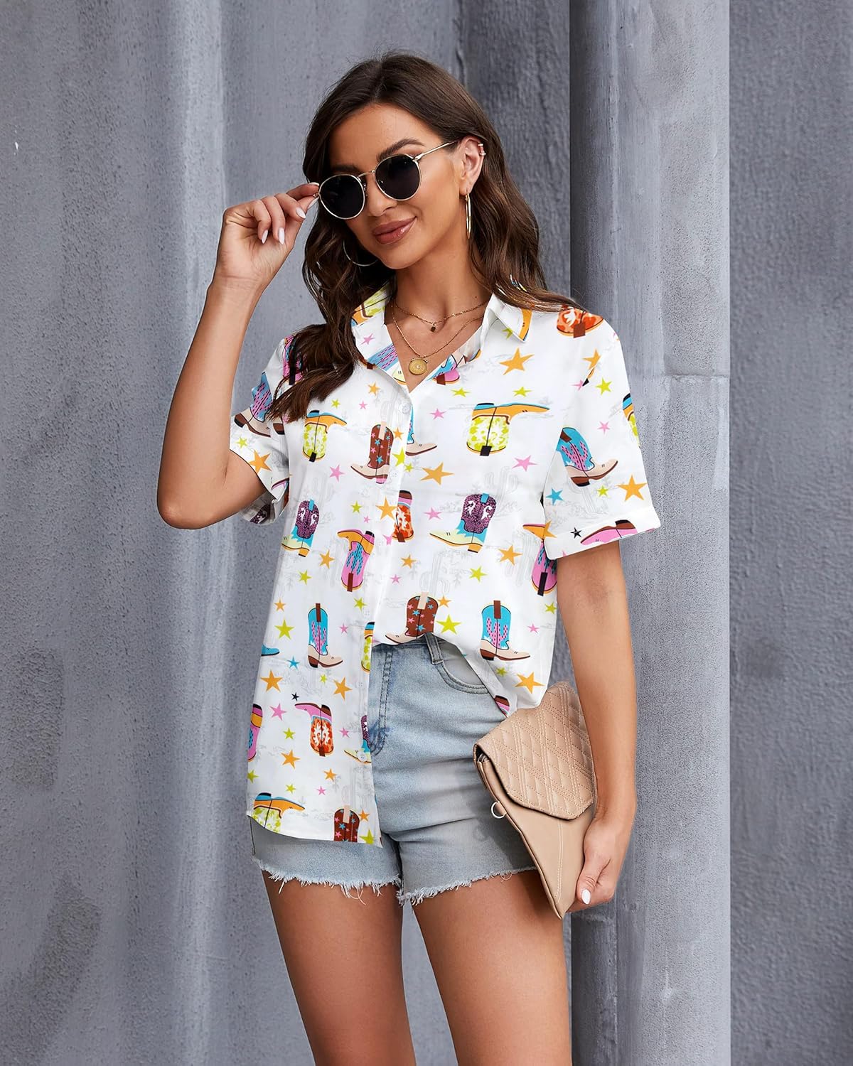 QLIPIN Western Button Up Shirts Women: Retro Cowgirl Shirt Rodeo Tops Hawaiian Summer Vacation Short Sleeve Top Blouses - Image 3