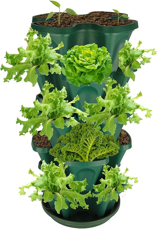 Mr. Stacky 5-Tier Strawberry and Herb Garden Planter - Stackable Gardening Pots with 10 Inch Saucer (Hunter Green)