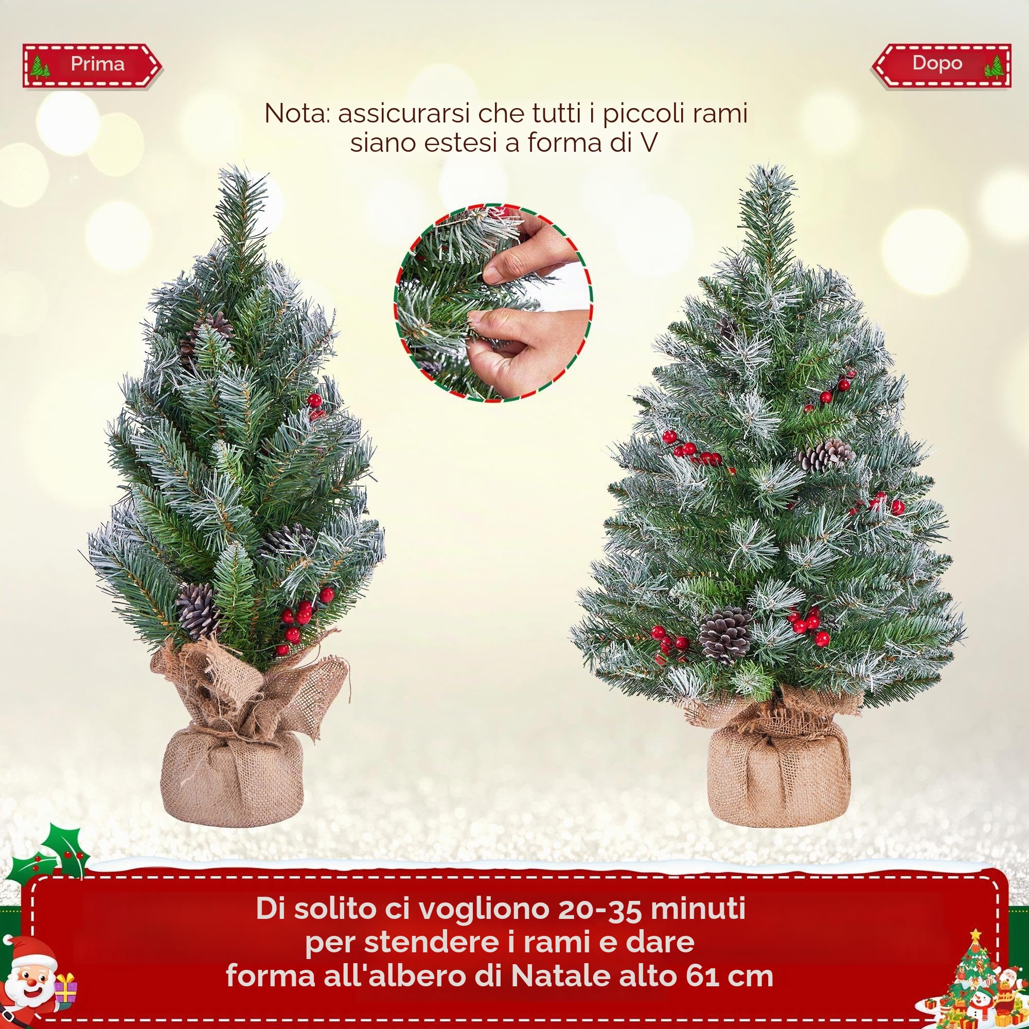 Yaheetech Set di 2 Mini Albero di Natale da 61 cm Piccolo Albero Innevato con 35 Luci a LED 42 Bacche Rosse e 6 Pigne Ideale per Decorazioni Interni