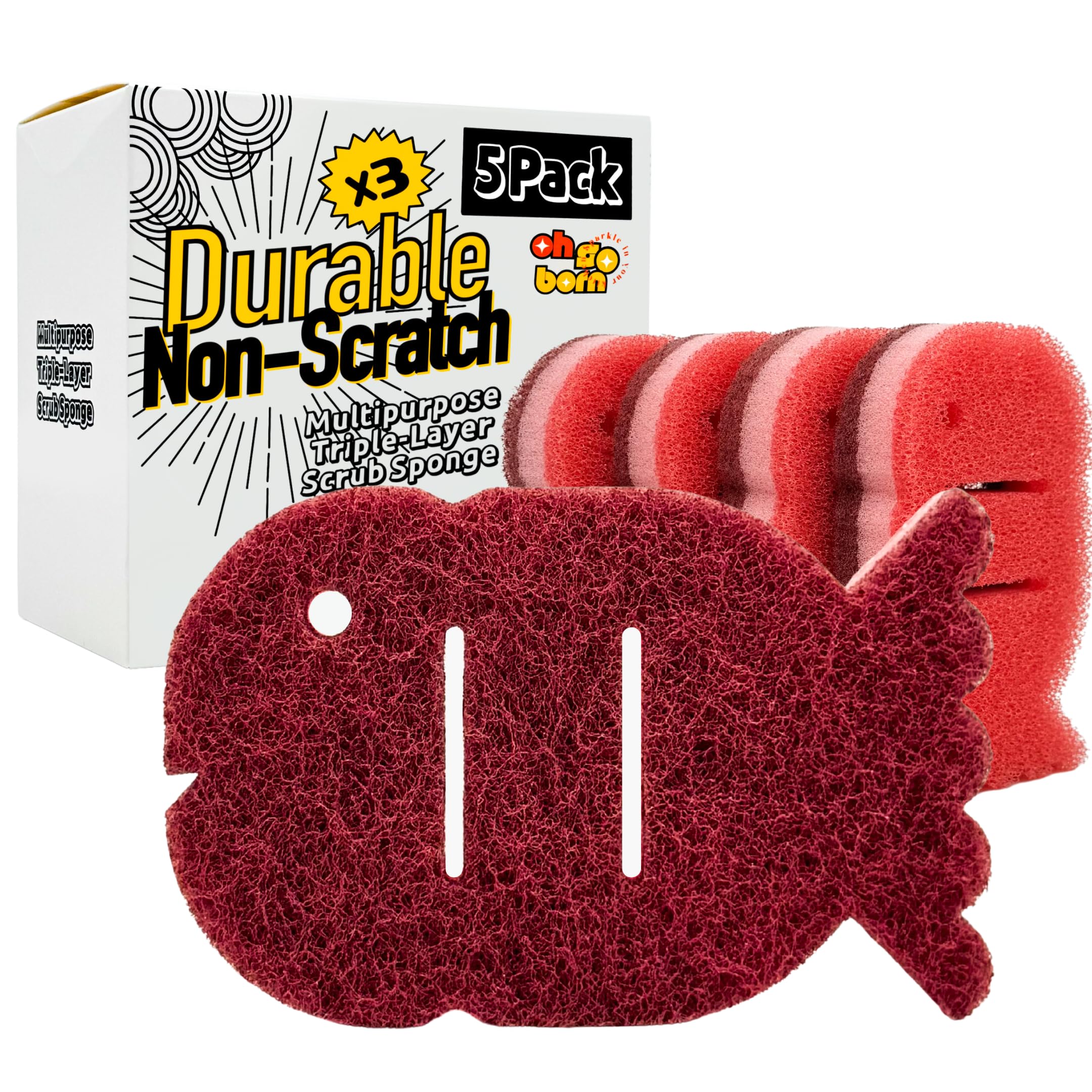 Ohsoborn 5 Pack Multipurpose Dual Sided Triple Layer Dish Sponges Kitchen | Boil Safe Scratch Free Odor Resistant Extra Durable | Flexible and Durable