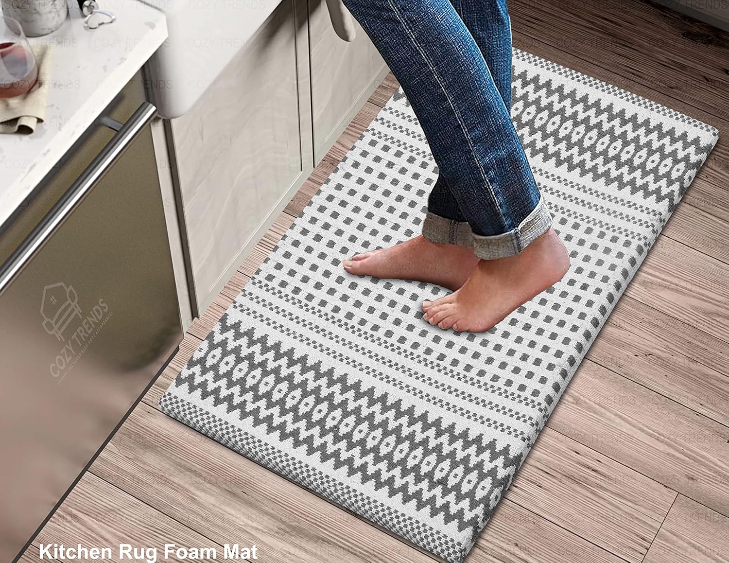 COZY TRENDS Kitchen Mat Cushioned Anti-Fatigue Kitchen Rug, Waterproof Non-Slip Kitchen Mats and Rugs Heavy Duty Comfort Foam Rug for Kitchen, Floor Home, Office, Sink, Laundry (Grey Box, 18''x30'')
