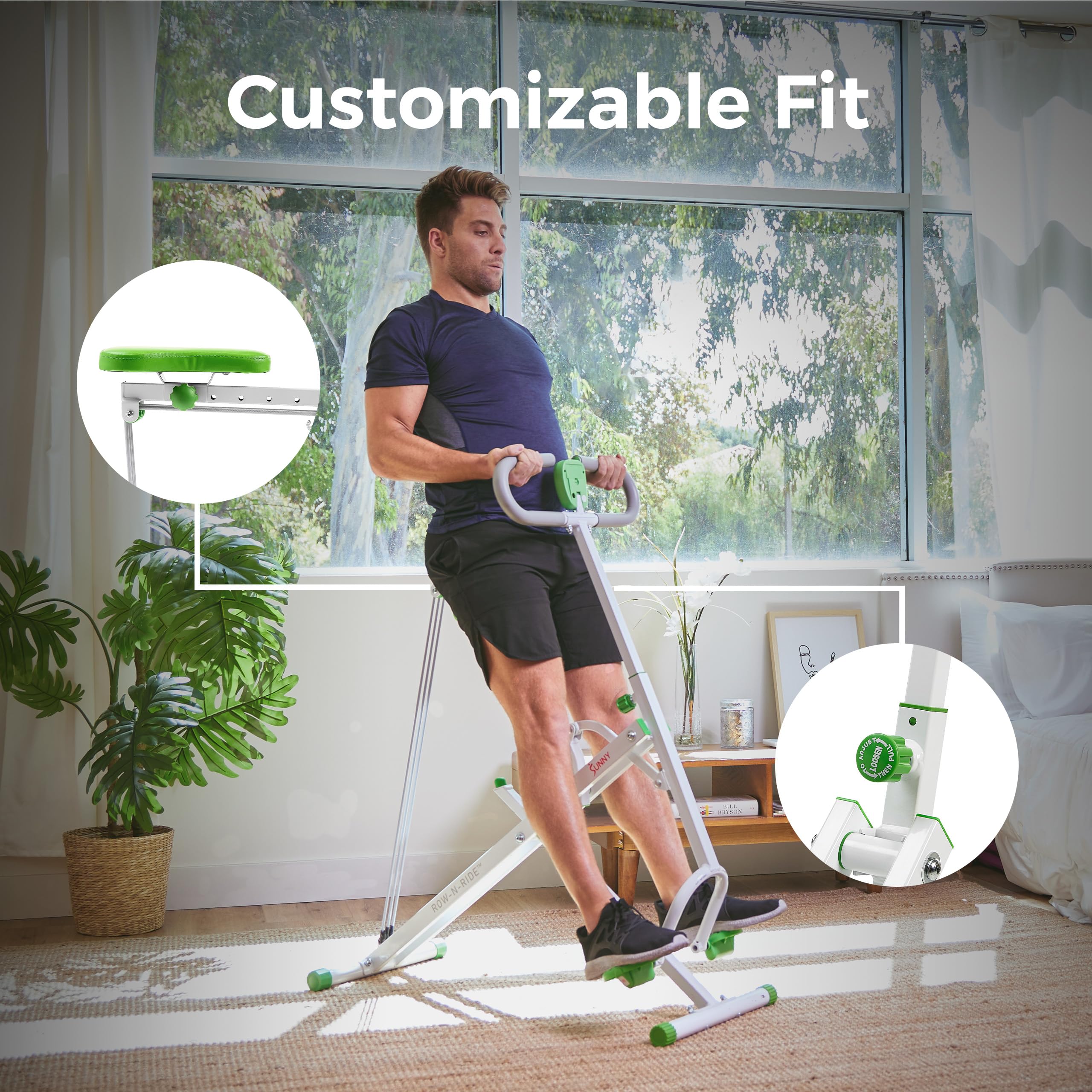 Sunny Health & Fitness Row-N-Ride Smart Pieghevole per Squat e Vogata | Allenamento Glutei e Gambe, 3 Angoli Squat, Resistenza a 4 Livelli, App SunnyFit, Portata 150 kg, Facile da Riporre