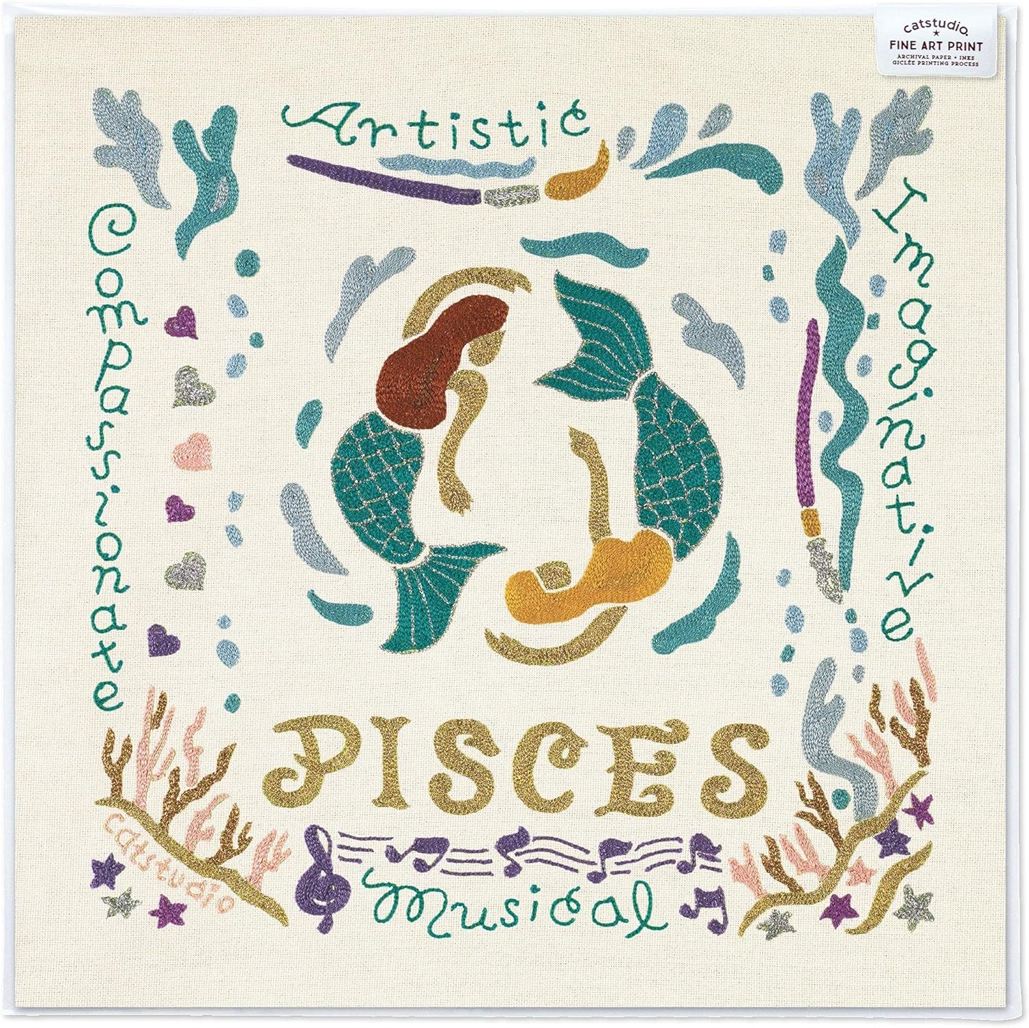 Catstudio Astrology Fine Art Print, Pisces Wall Decor with Original Artwork, Zodiac Sign Art Decor Print, Pisces Gifts, February Birthday Gifts, March Birthday, 8x8 Inches Unframed