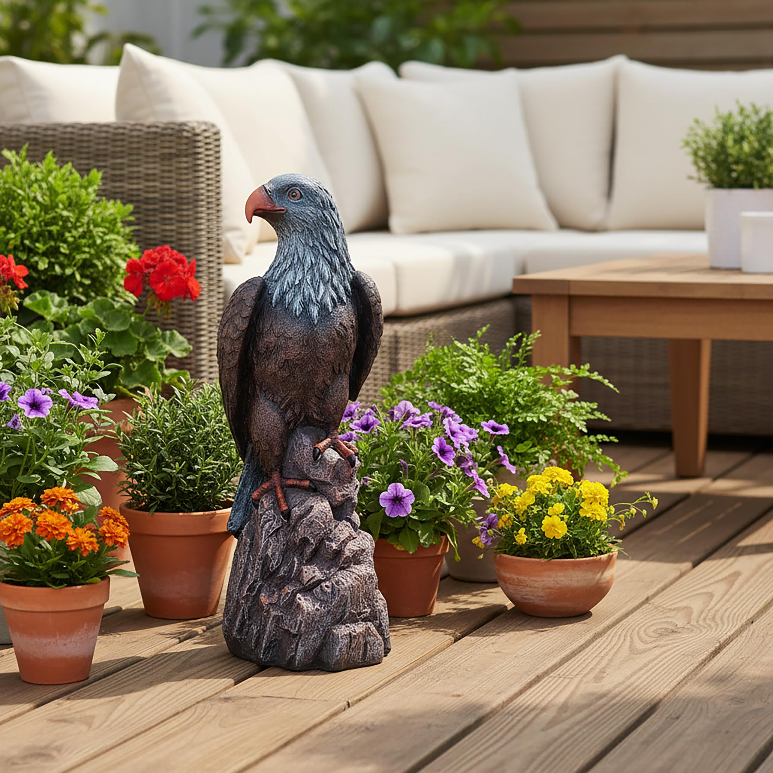 Relaxdays Adler Figur, sitzend, HxBxT: 66 x 30 x 36 cm, Polyresin, UV-beständig, wetterfeste Gartendeko, braun/grau
