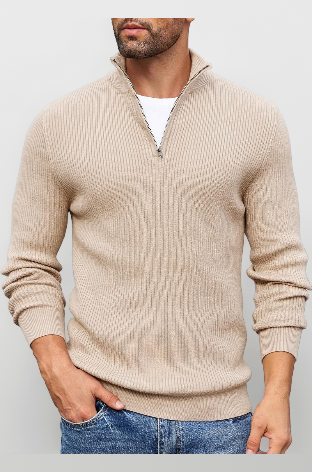 Men High Neck Zipper Full Sleeve Cotton Knitted Winter Sweater for Man