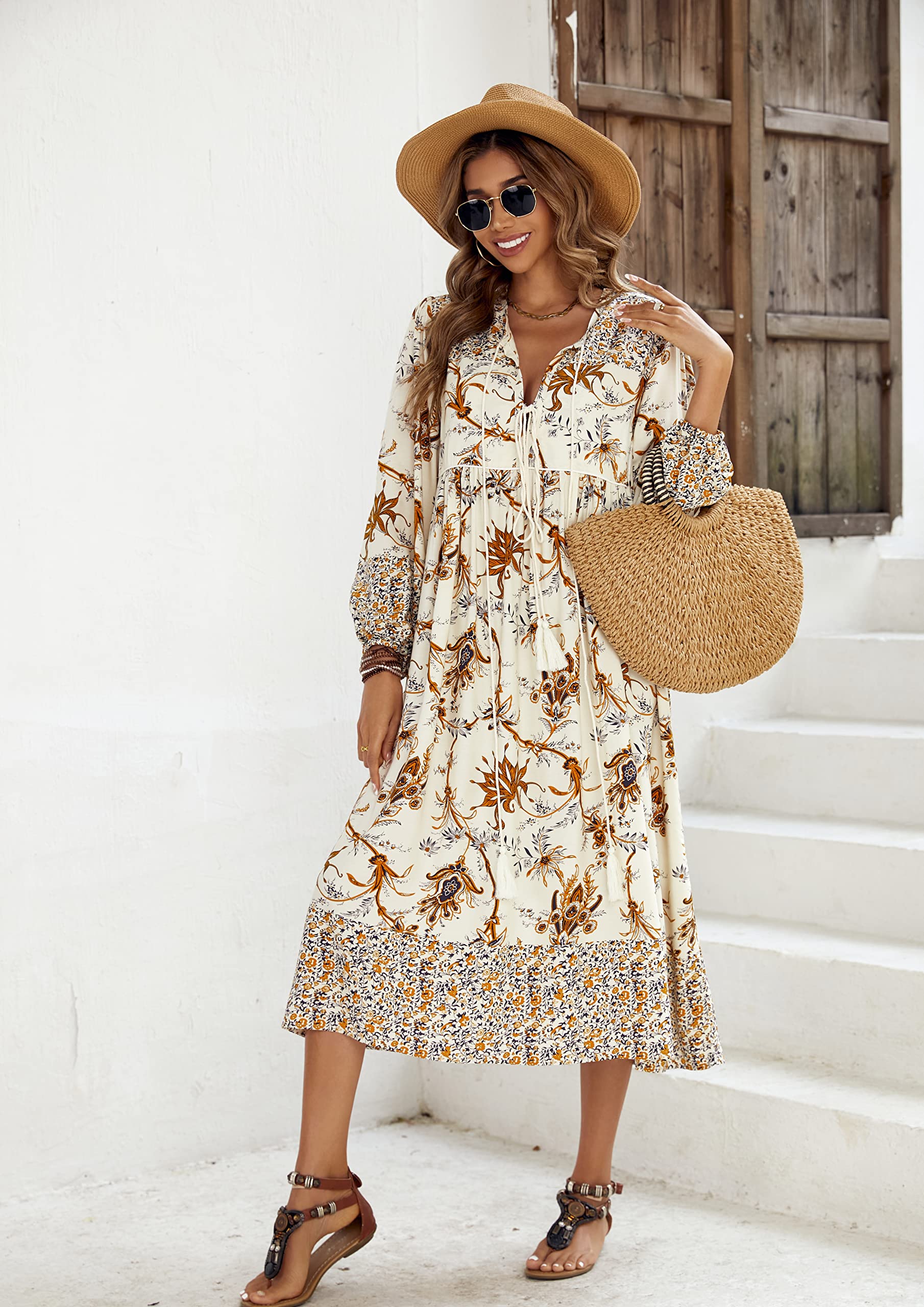 R.Vivimos Femmes Robe de Plage à Manches Longues à imprimé bohème Chic décontracté Robe élégante Midi