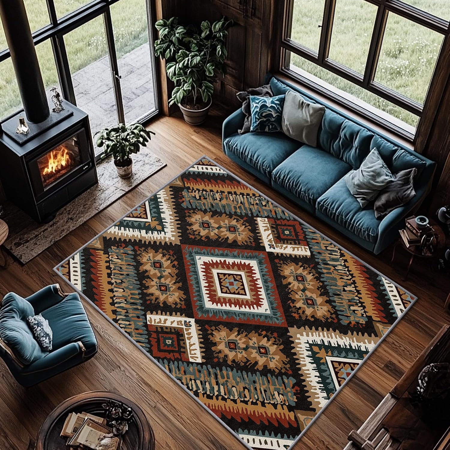 Native American Rugs 5x7 - Southwestern Rug 5x7, Aztec Southwest Area Rugs, Geometric Ethnic Farmhouse Carpet, Washable & Non Slip & Soft Large Carpets Home Decor #A358