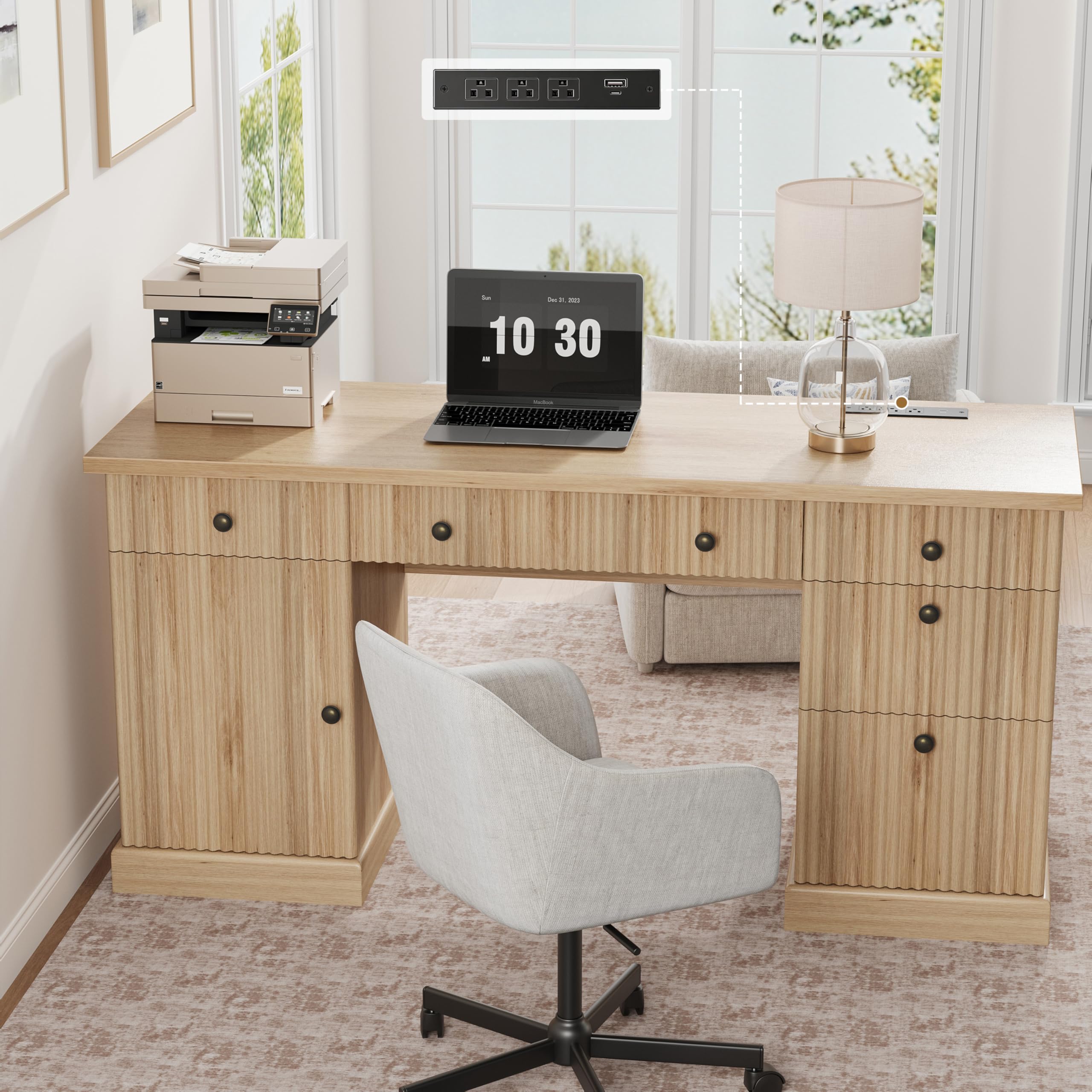 Photo 1 of **MISSING TOP PIECES** Garvee 60" Office Desk with Storage & Drawers, Fluted Wood Executive Desk with File Drawer & Charging Station, Modern Computer Desk with Adjustable Shelves for Home Office, Oak