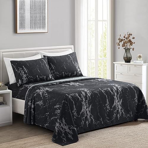 Marina Decoration Juego de sábanas de 6 piezas ultra suave y sedosa con bolsillo profundo y estampado rico de rayón de bambú para todas las