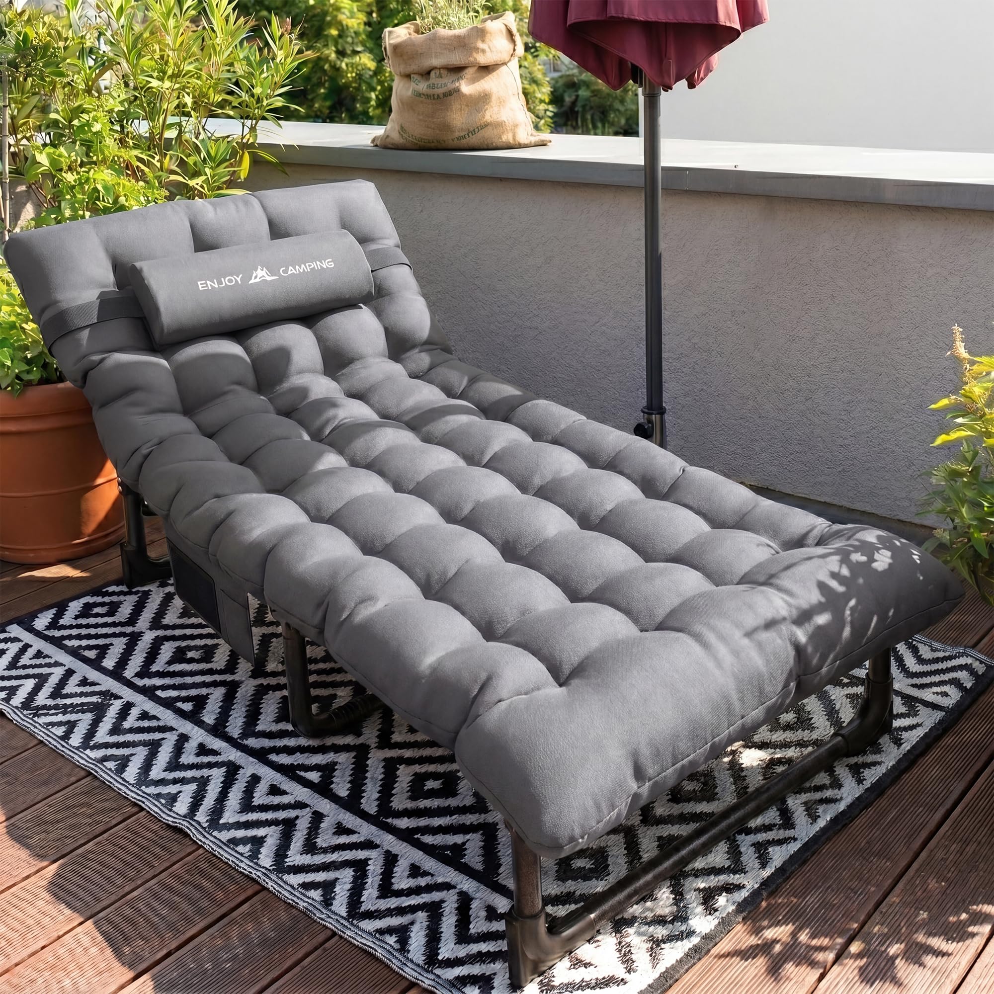 UDPATIO Camping Betten Feldbetten Klappbar, Liegestuhl Mit Auflage Polster, Gartenliege mit Verstellbarer Rückenlehne, Strandliege Campingliege für Outdoor Camping Grau