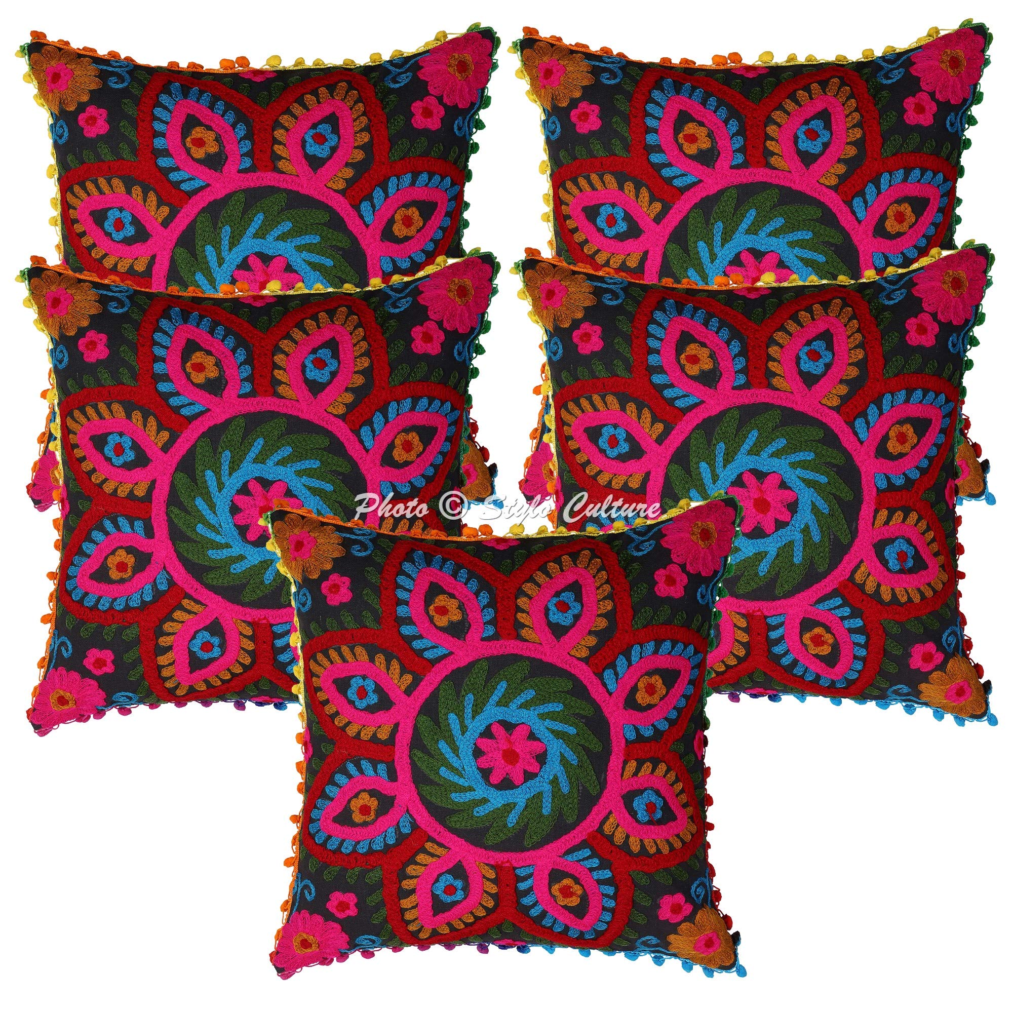Etnico Fodere Per Cuscini 40x40 cm Decorativi Sedie Divano Floreale Pizzo Pom Pom Ricamato Suzani Nero Quadrato Cerniera 16x16 pollici Federe Per Cuscino Camera Da Letto - 5 pezzi