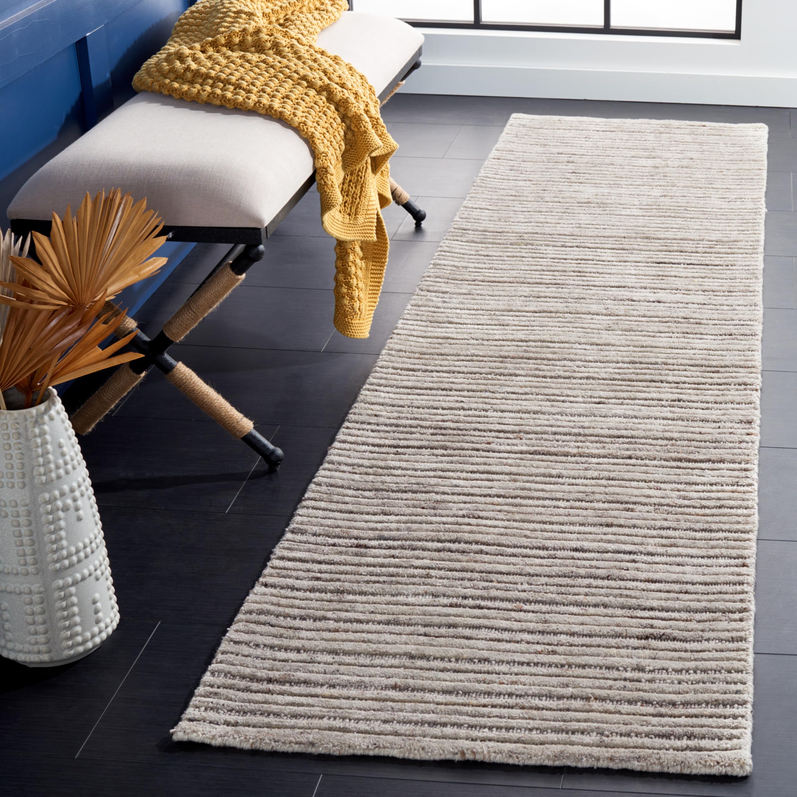 SAFAVIEH Elements Collection Runner Rug - 2'3" x 9', Beige, Handmade Modern Stripe, Ideal for High Traffic Areas in Living Room, Bedroom (ELM701B)