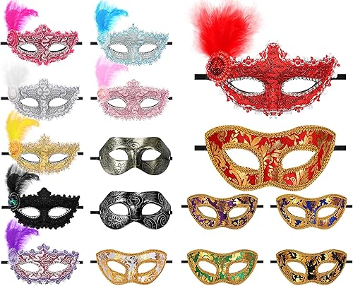 16 máscaras de Mardi Gras con plumas, unisex, medias mascaradas, máscaras venecianas para mujeres, hombres, niños, Mardi Gras, carnaval, fiesta,