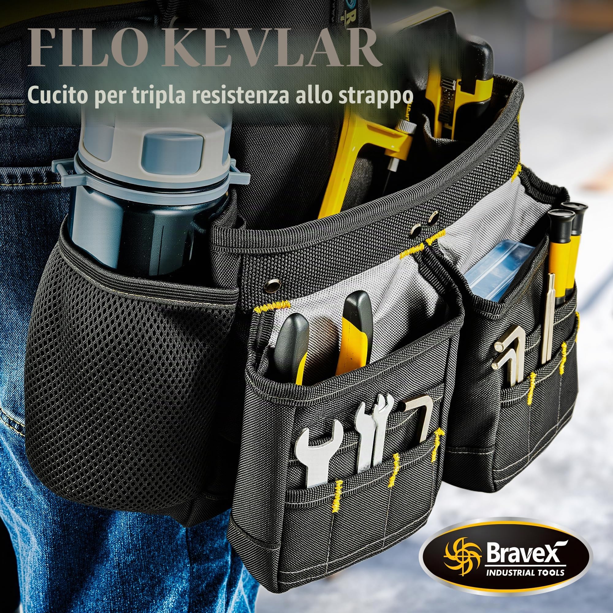 Cintura porta attrezzi con bretelle - Pro Ultra anti-usura con 20 tasche in stile Y, cintura porta attrezzi con 5 sacche combinate per carpentiere, elettricista, in nylon balistico 1200D