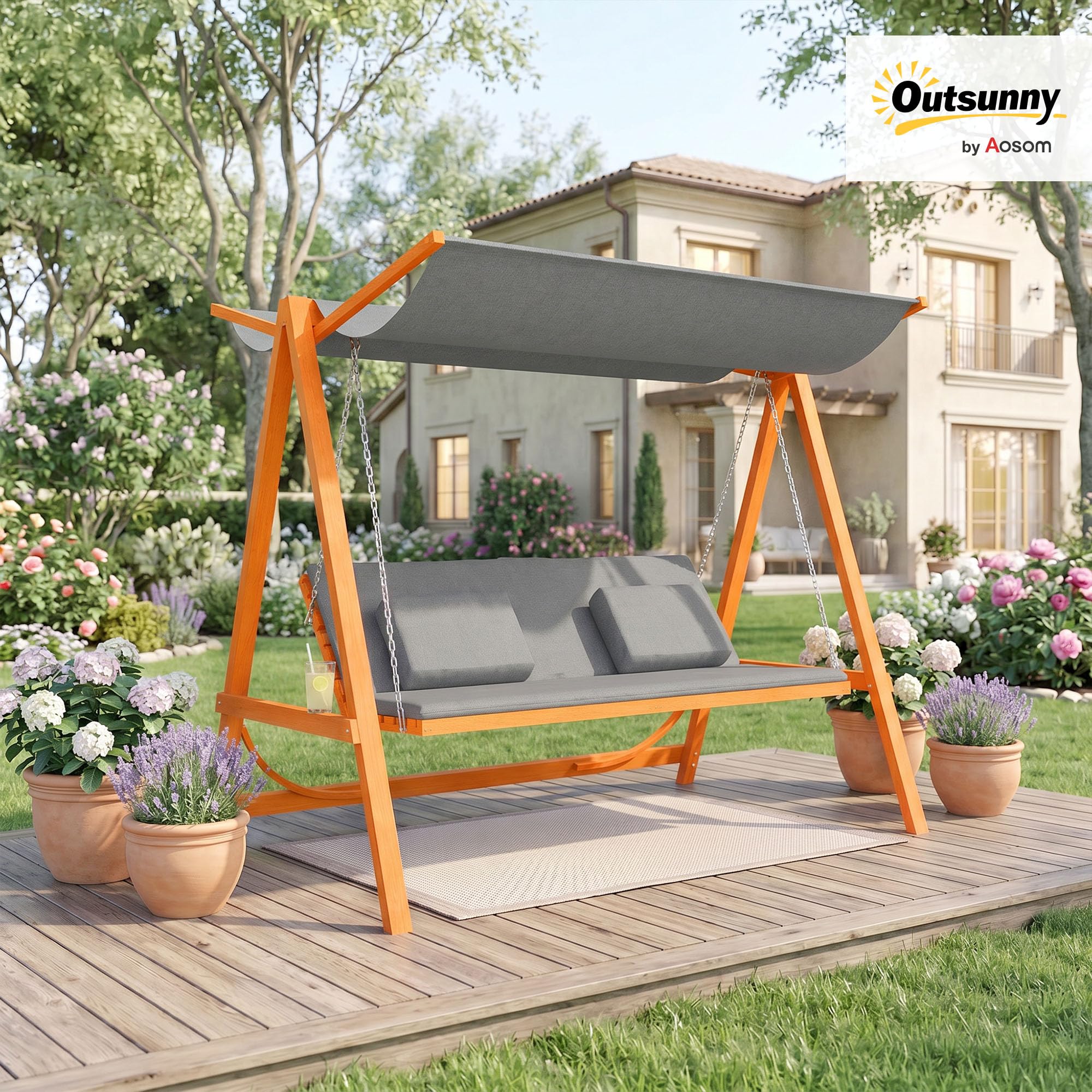Outsunny Hollywoodschaukel mit Bettfunktion 3-Sitzer Holzschaukel mit verstellbarem Sonnendach Lärche Gartenschaukel belast 240kg Gartenliege Schaukelbank für Terrasse, 225,5 x 130 x 180 cm Grau+Teak