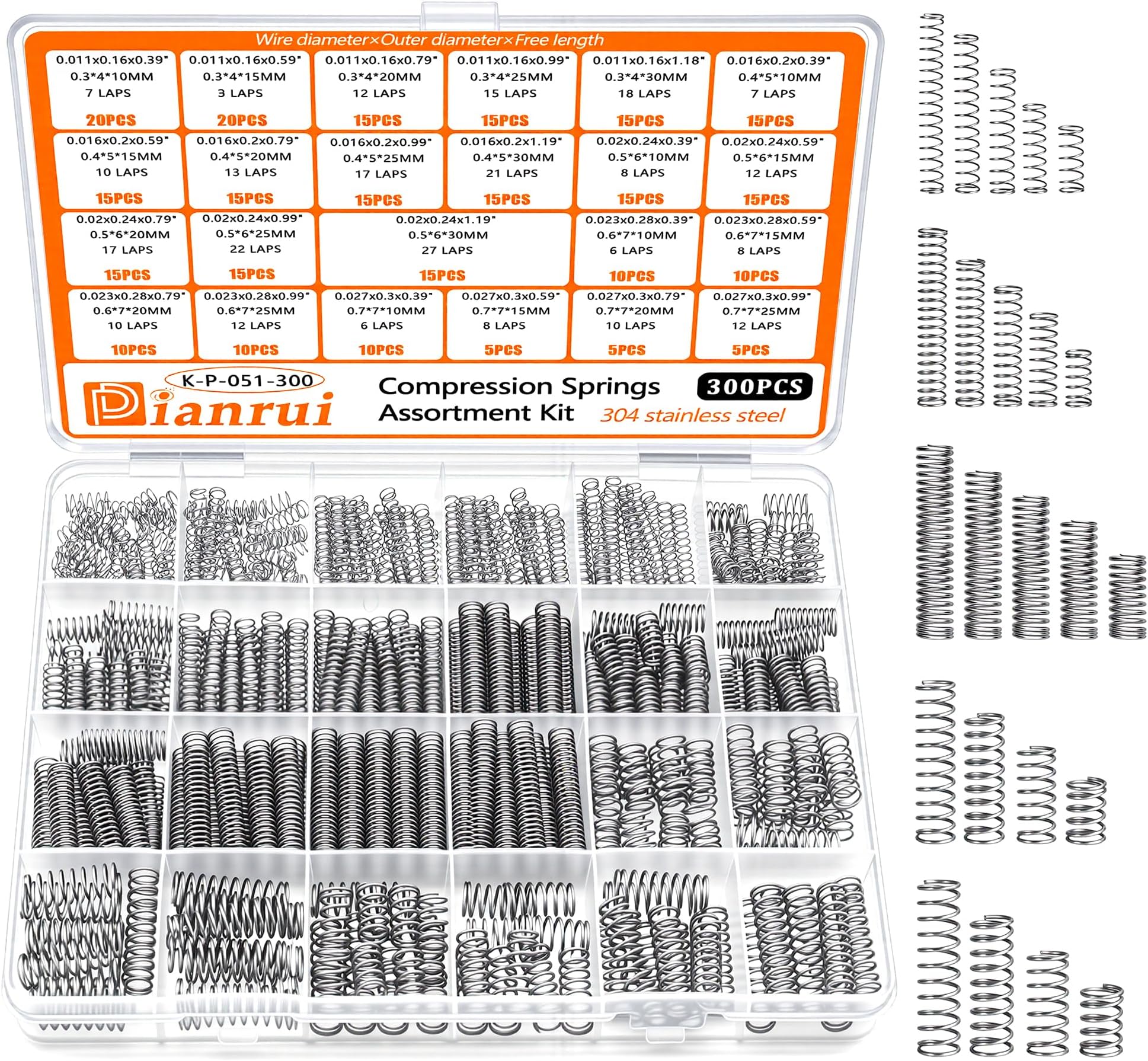 Dianrui 300PCS Compression Springs Assortment Kit 23 Different Sizes Small Spring 304 Stainless Steel Mechanical Mini Springs for DIY Repair Project