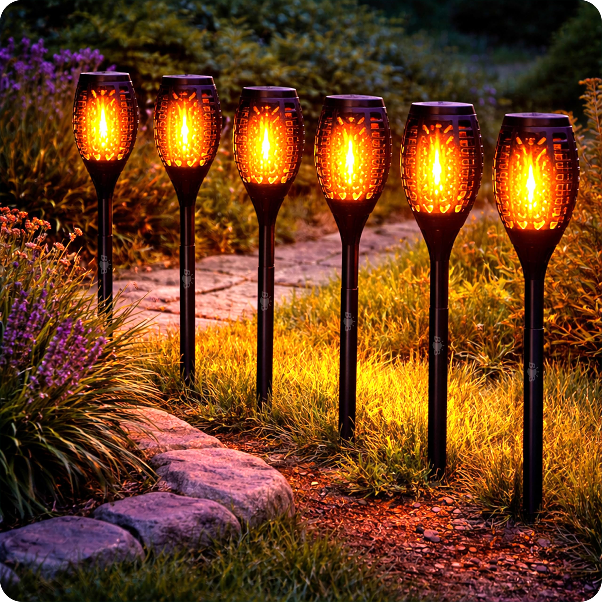 BrightBloom 6 Pack Solar Flickering Flame Lights Outdoor, Waterproof Garden Torch Lights, Dancing Flame Solar Landscape Lighting for Yard, Pathway, Patio, Lawn Decoration