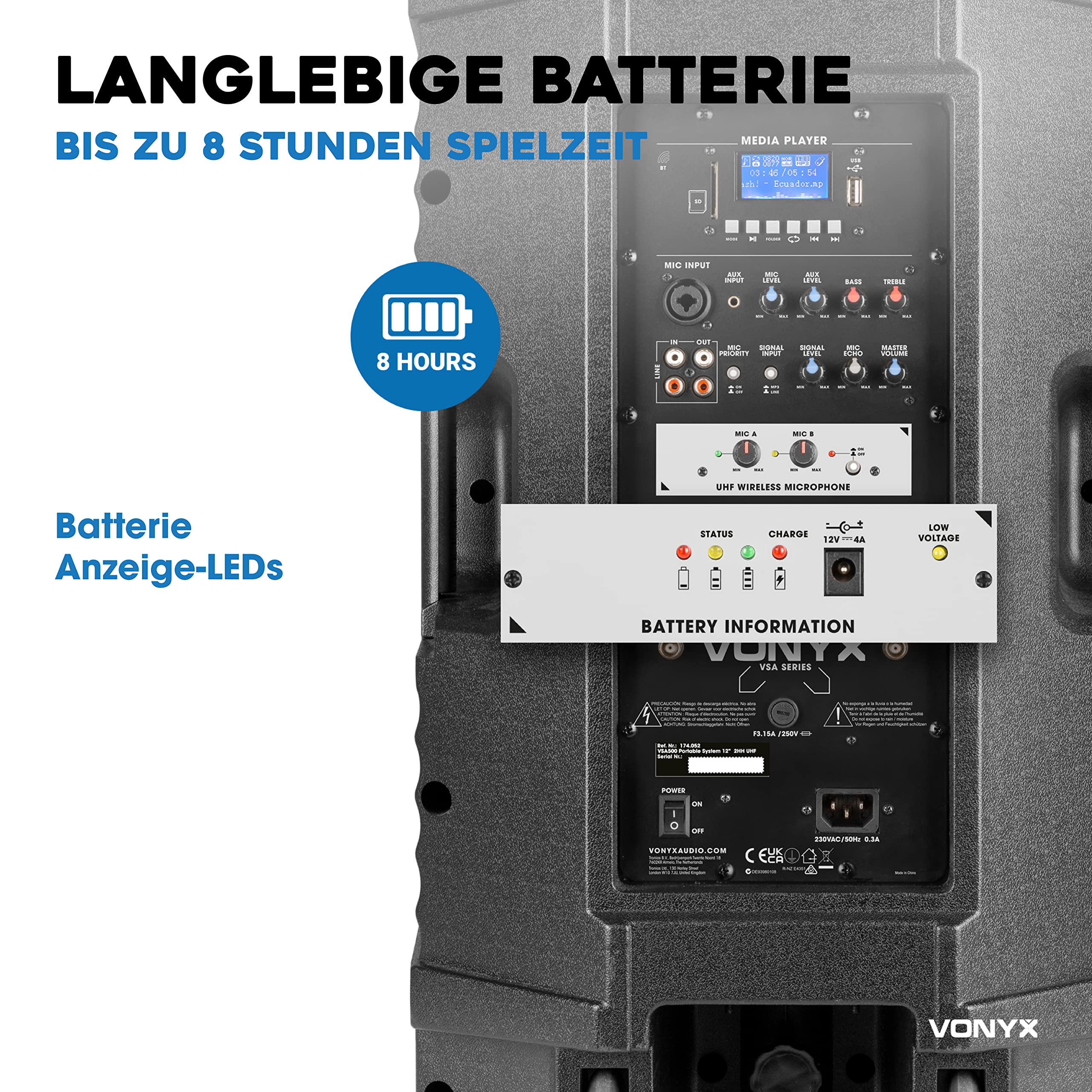 Vonyx VSA700 Partybox Bluetooth Lautsprecher Groß 1000W, 8 Std Akku, Mobile PA Anlage Komplettset mit 2 UHF Hand Mikrofonen und Fernbedienung - Mobile Musikbox Groß, USB, SD, MP3, Schwarz